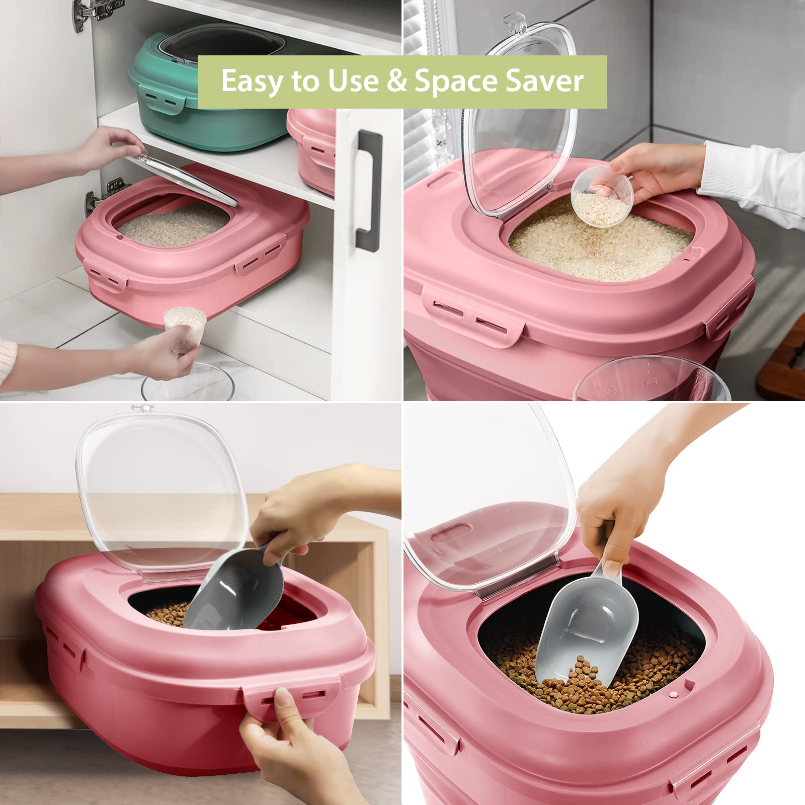 Foldable Airtight Rice Storage Container with Measuring Cup & Wheels - 10L BPA-Free Food Storage for Flour, Sugar, Dry Goods | Kitchen Pantry Organization & Bulk Food Storage (Pink)