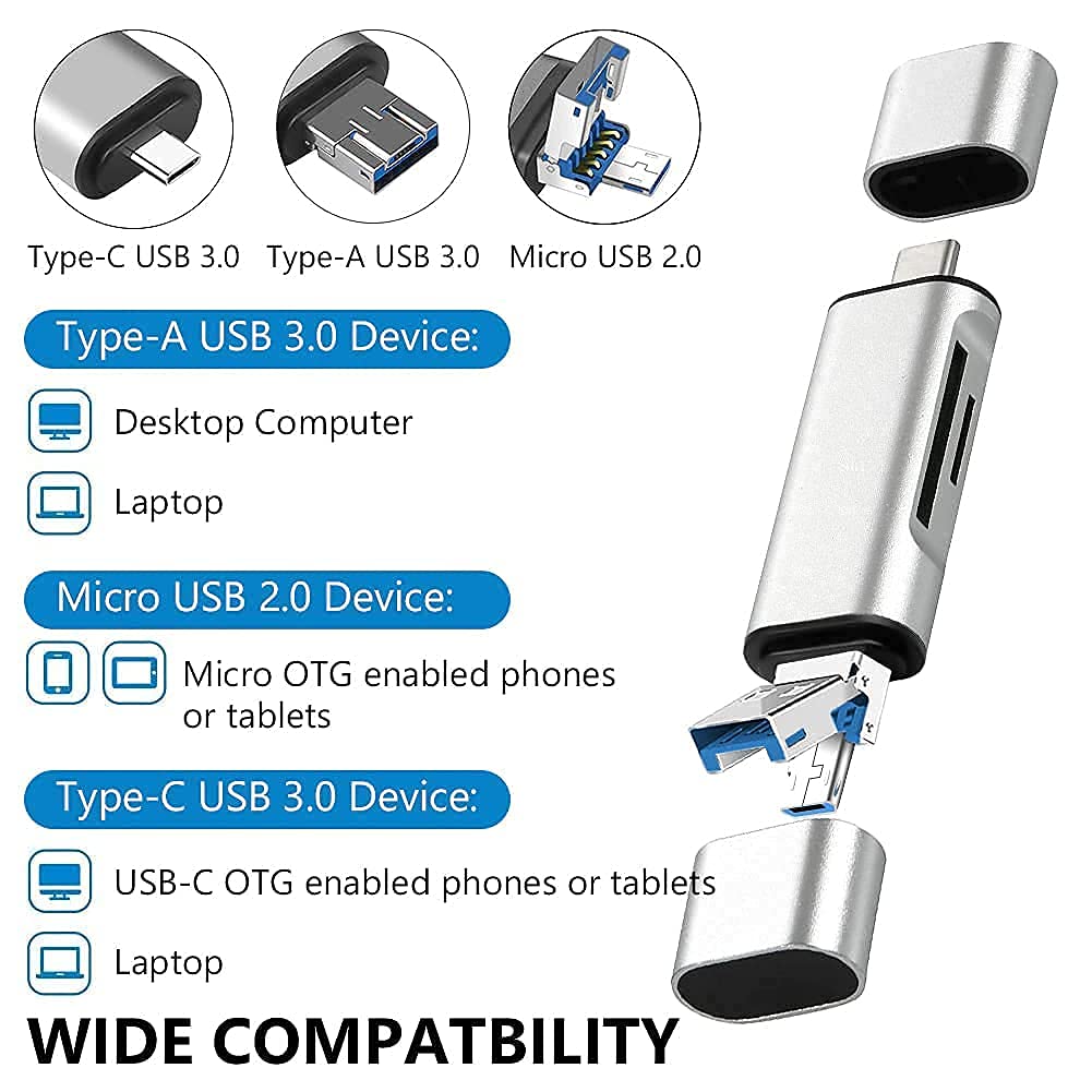 Famous Quality® 3-in-1 USB Card Reader - USB 3.0, USB C, Micro USB Compatible for SD/SDXC/Micro SD Memory Cards - Works with MacBook, PC, Tablets & Smartphones - Perfect for Travel, Photography & Data Transfer