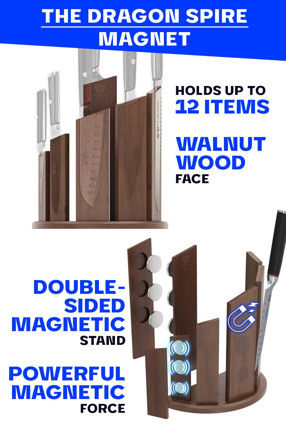Dalstrong Magnetic Knife Block - Premium Double-Sided Walnut Knife Holder for 12-Piece Knife Set - 'Dragon Spire' Professional Kitchen Display Stand - Perfect for Home Chefs & Cooking Enthusiasts - Ideal for Kitchen Countertop Organization & Knife Storage