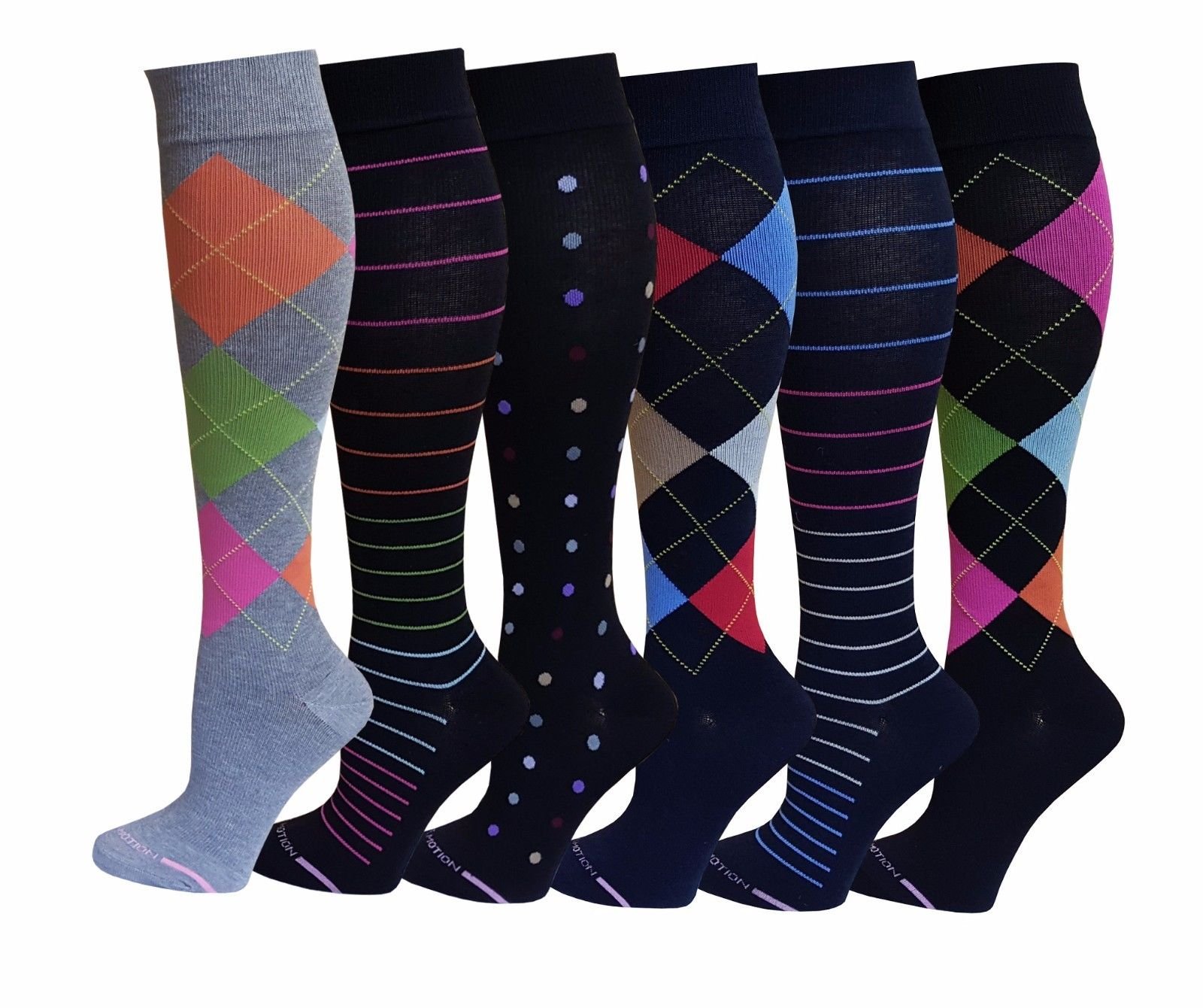 6 Pairs Women's Graduated Compression Socks - Assorted Colors for Circulation & Recovery - Perfect for Running, Travel & Nursing