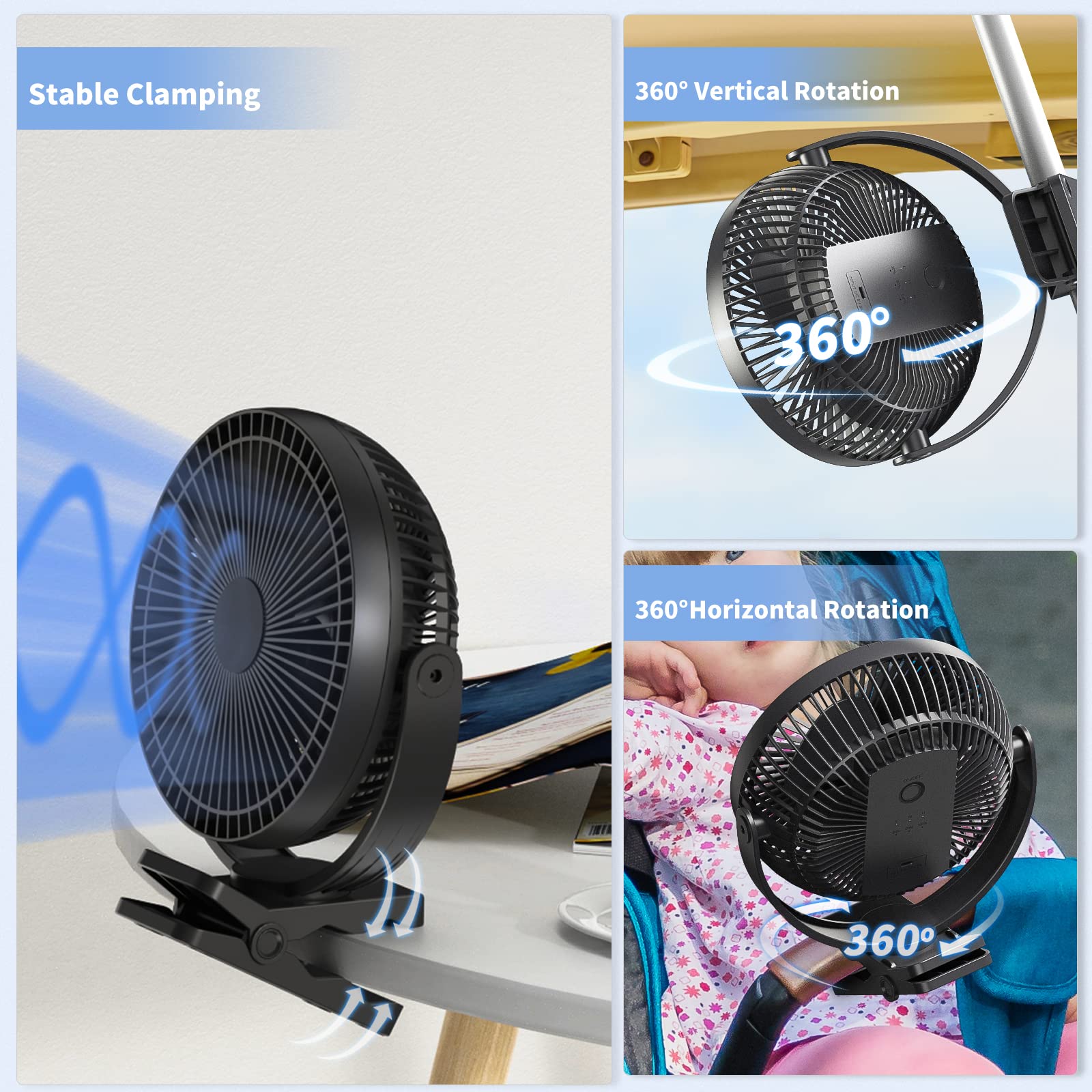 Rechargeable 8-Inch Clip on Fan with 10000mAh Battery - 4 Speed Adjustable & 360° Rotation Portable Desk Fan for Golf Cart, Office, Bedroom, Travel, Camping, Outdoor & Indoor Use (Black)