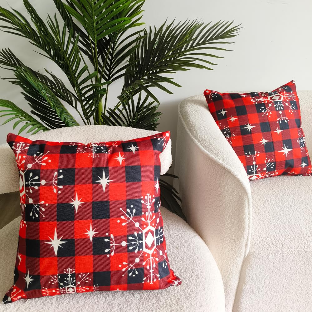 Buffalo Plaid Throw Pillow Covers 18x18 Inch - Set of 2 Modern Linen Decorative Pillowcases with Snowflake Print for Sofa, Couch & Bed - Cozy Winter Home Decor & Christmas Living Room Accents