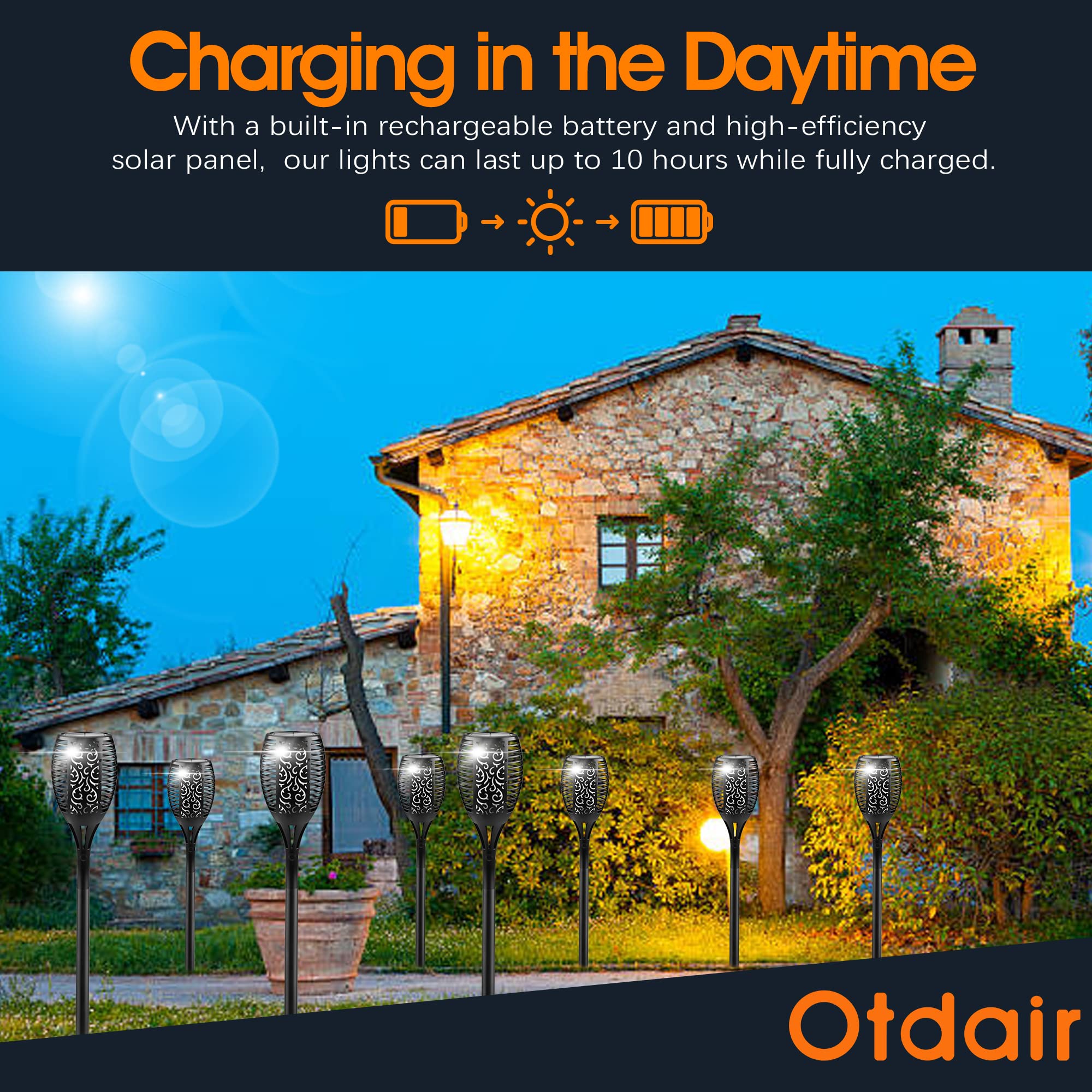 Otdair Solar Torch Lights with Flickering Flame - 96LED (6 Pack) & 12LED (12 Pack) Waterproof Outdoor Tiki Torch Lights - IP65 Weatherproof, Auto On/Off - Perfect for Garden, Patio, Yard, Pathway, Poolside & Camping Decor