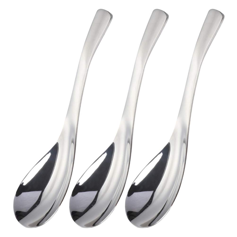 Premium Stainless Steel Asian Soup Spoons Set of 3 - Japanese Ramen, Pho Noodle & Rice Soup Spoons - Medium Size for Home Kitchen & Restaurant Use - Perfect for Asian Cuisine, Hot Pot & Table Serving