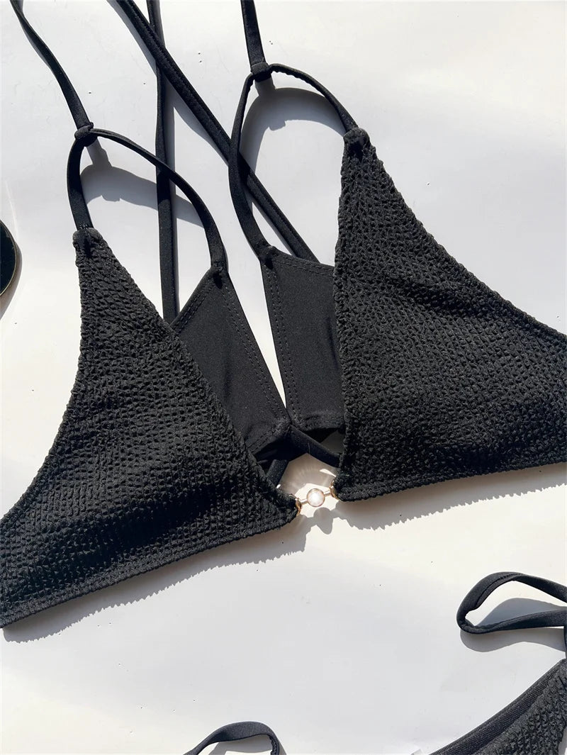 Sexy Black Halter Bikini Set - Brazilian Cut Out Swimwear for Women 2025 | Bandage Style Bathing Suit for Beach, Pool Party & Summer Vacation