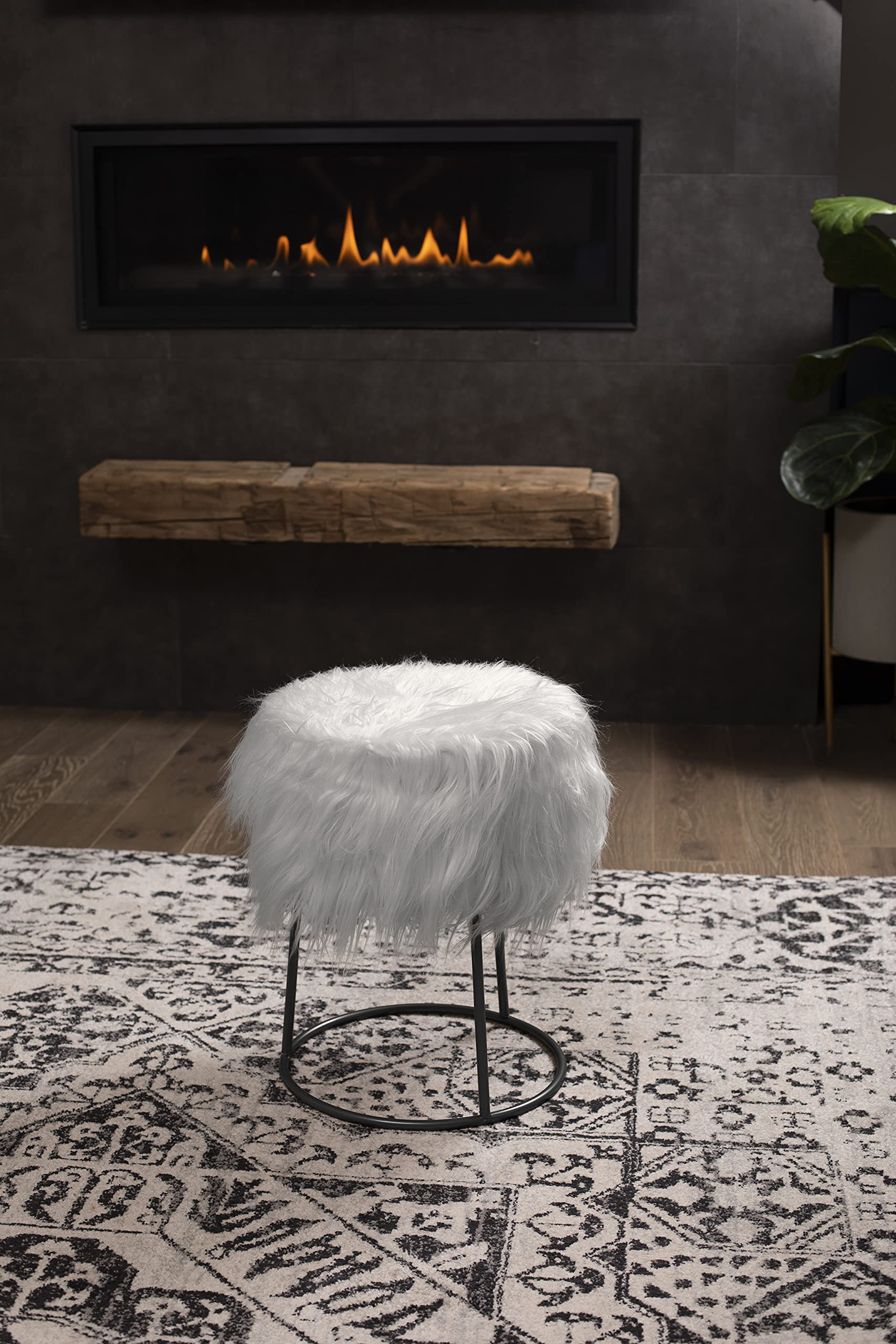 BIRDROCK HOME Round Faux Fur Vanity Stool with Storage - Fluffy Makeup Chair with Metal Legs - Soft Padded Footrest for Bedroom, Dressing Table & Closet Organization - Compact Stylish Grey Seat with Silver Legs - Perfect for Vanity Makeup, Bedroom Decor & Small Space Storage Solutions