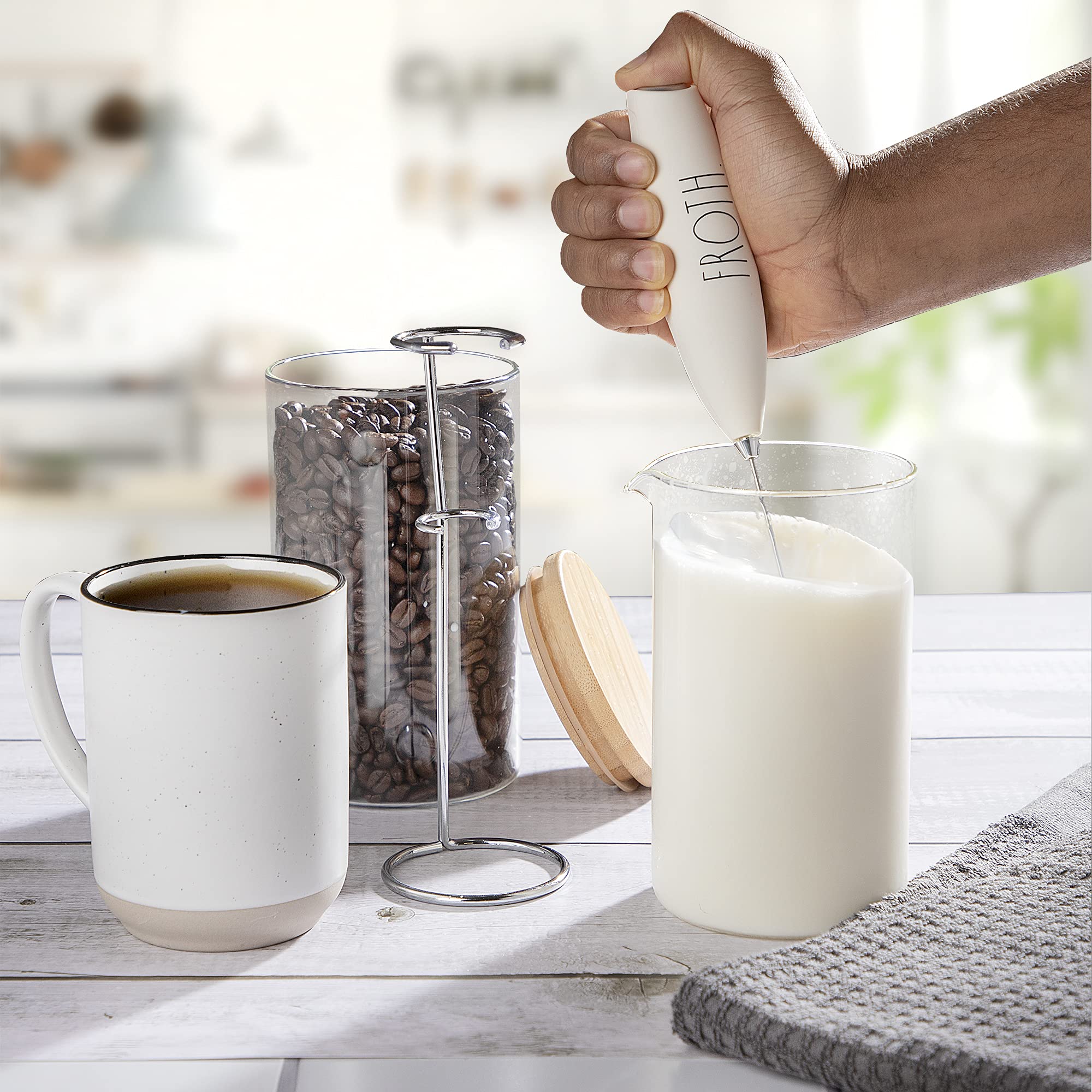 Rae Dunn Electric Milk Frother & Drink Mixer - Handheld Coffee Frother, Latte Maker, Frappe Blender for Perfect Foam (Cream) | Ideal for Home Baristas, Coffee Shops & Hot Chocolate Lovers
