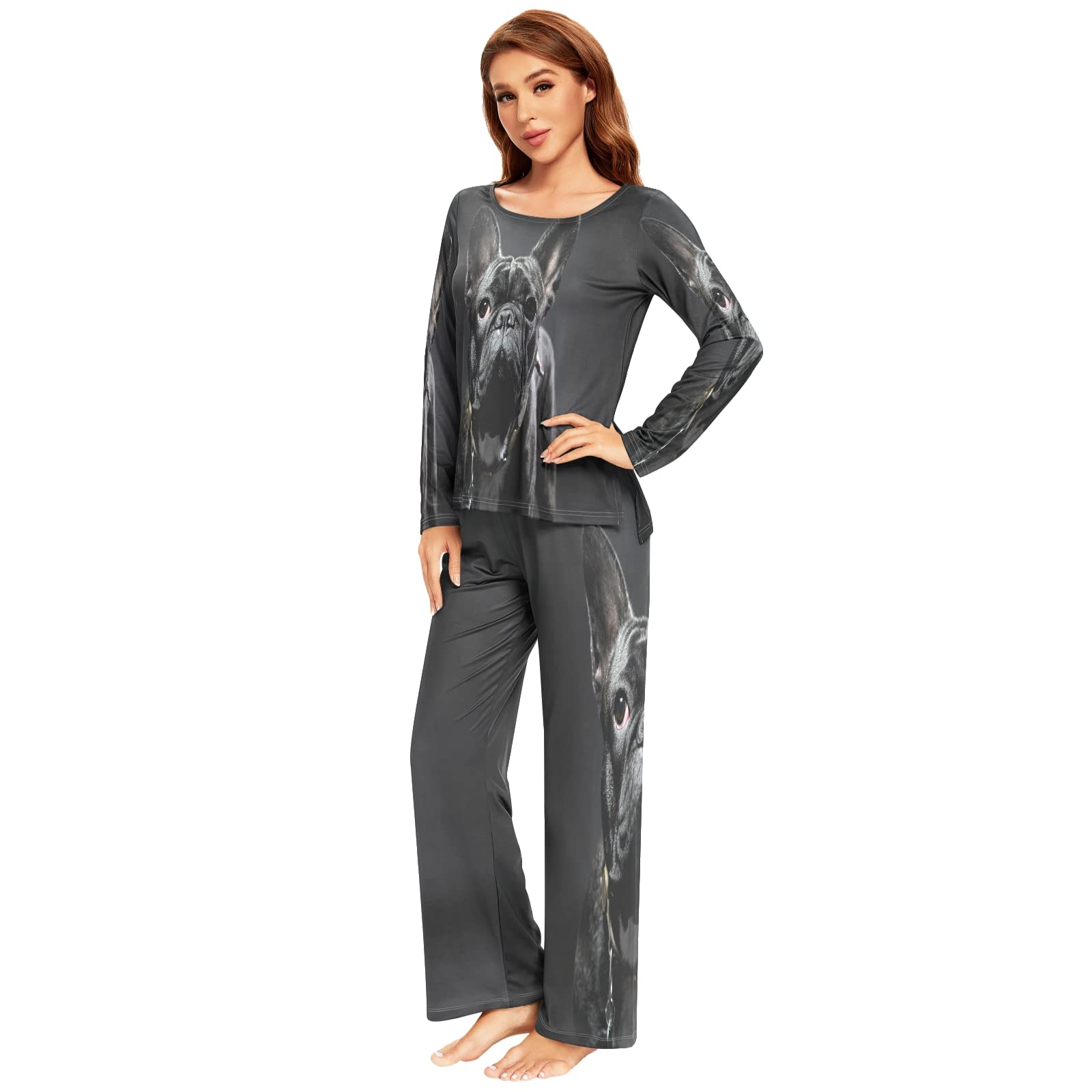 French Bulldog Print Black Pajama Set for Women - 2-Piece Long Sleeve Sleepwear & Lounge Outfit | Cozy Nightwear for Relaxing at Home or Sleepovers