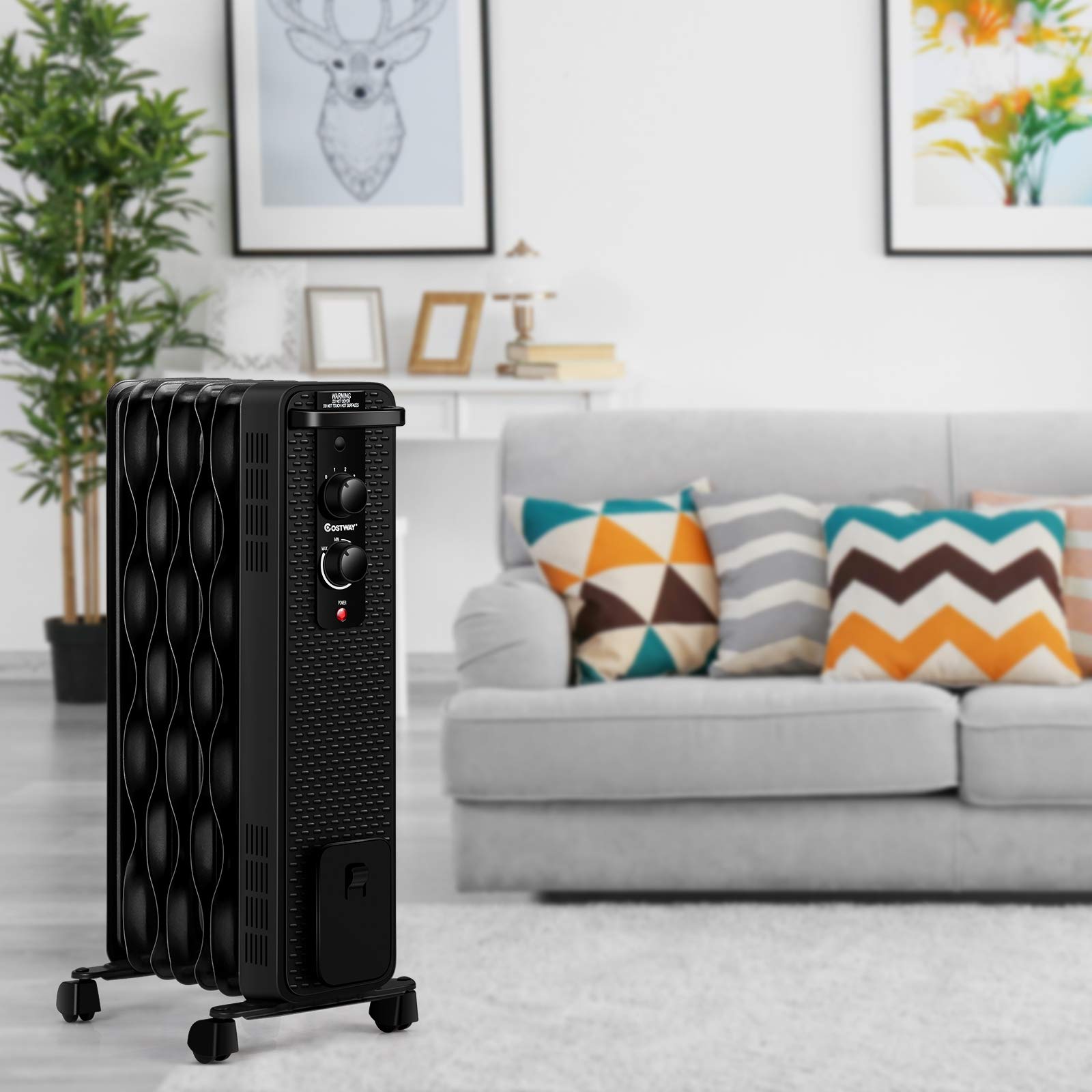 COSTWAY 1500W Oil Filled Radiator Heater - Portable Electric Space Heater with 3 Heat Modes, Adjustable Thermostat, Tip-Over & Overheat Protection - Energy Efficient Indoor Heater for Home, Office, Bedroom & Living Room - Perfect for Winter Heating & Home Office Warmth
