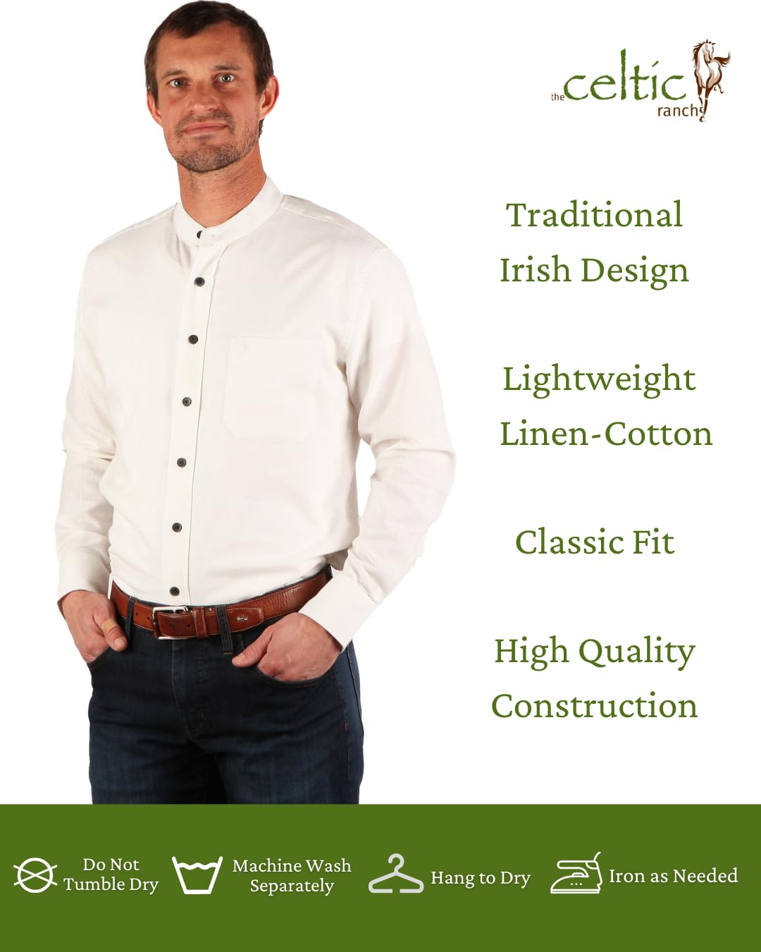 Traditional Irish Grandfather Collarless Shirt for Men - 100% Linen Cotton Blend Lightweight Long Sleeve Dress Shirt - Perfect for St. Patrick's Day, Irish Weddings & Casual Office Wear