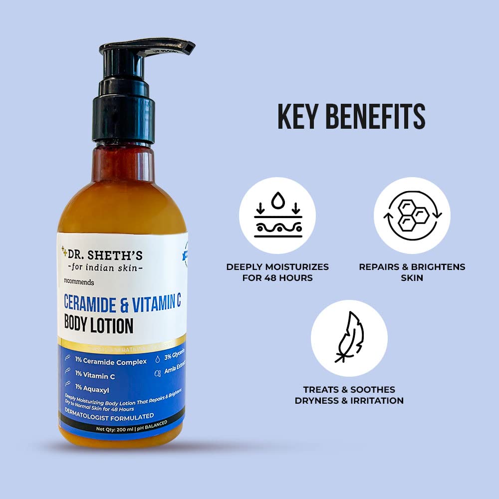 Dr. Sheth's Ceramide & Vitamin C Body Lotion - Deeply Hydrating Skin Repair & Brightening Moisturizer for Dry Skin | 200ml | Perfect for Daily Use & Nighttime Skin Recovery