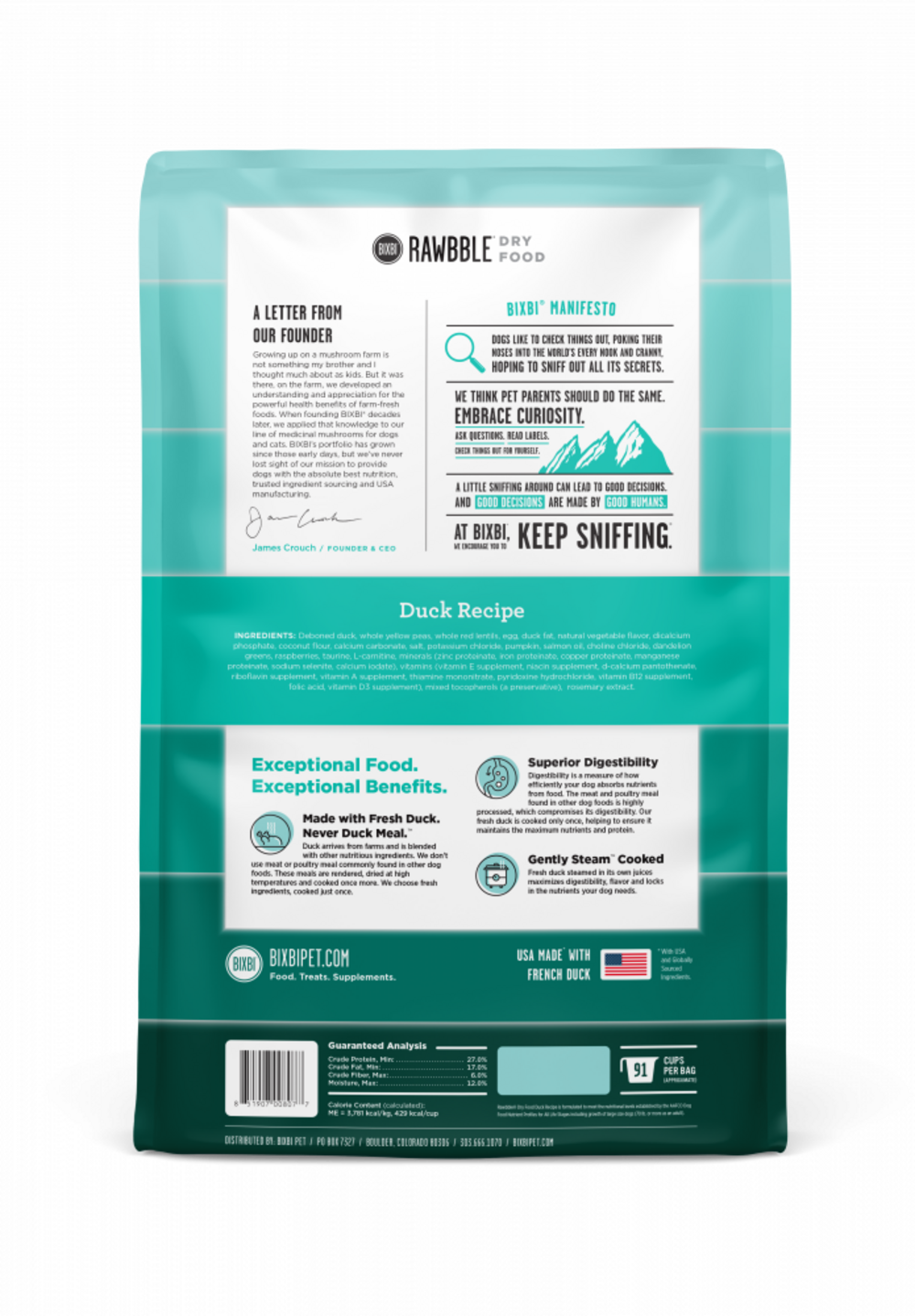 Bixbi Rawbble Grain-Free Duck Recipe Dry Dog Food - High Protein Kibble for Adult Dogs, All Breeds - Perfect for Sensitive Stomachs & Active Lifestyles