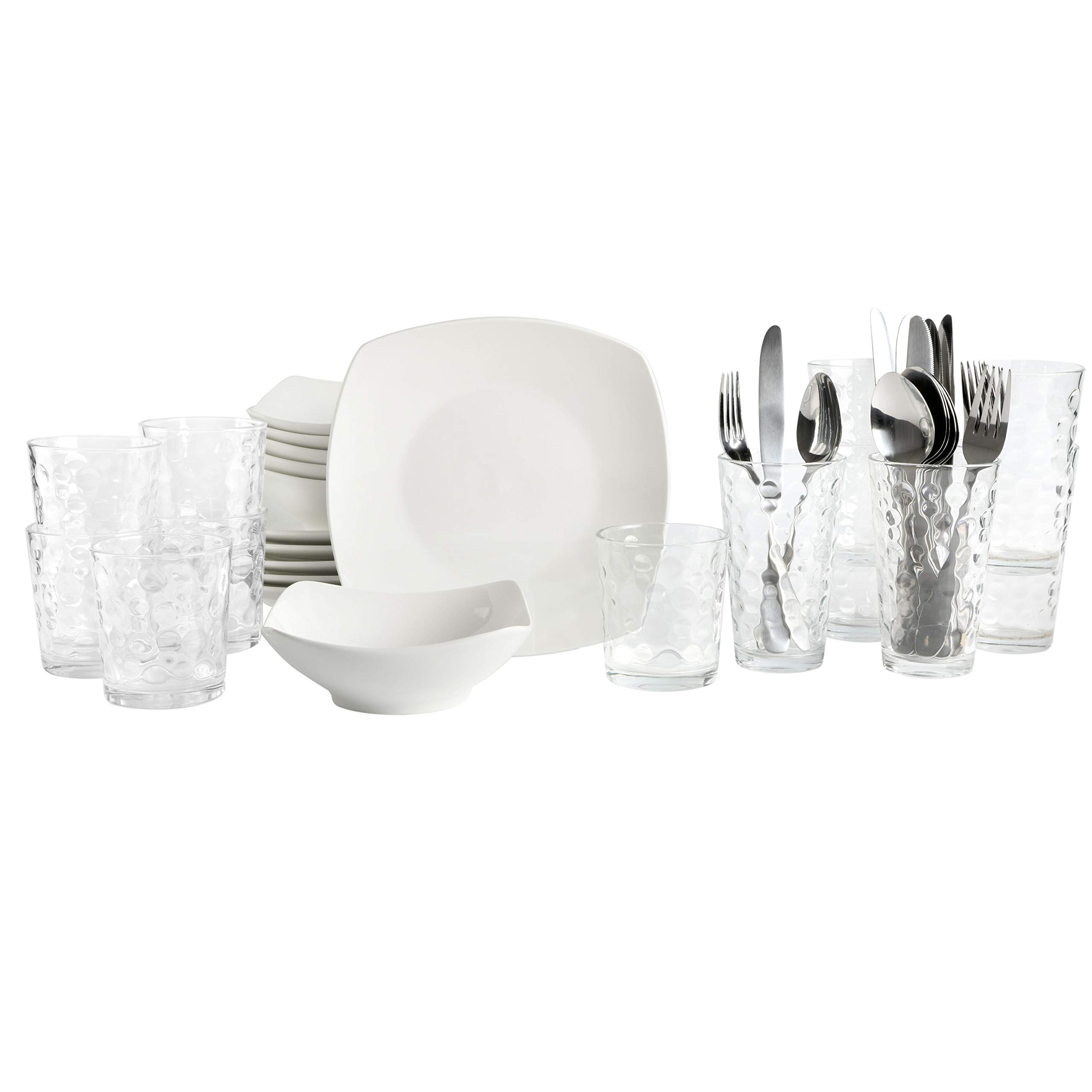 Gibson Home Zen Buffet Square Porcelain Dinnerware Set - 42-Piece Service for 6 (White) | Complete Dinnerware, Glassware & Silverware Combo | Perfect for Dinner Parties, Family Gatherings & Holiday Entertaining