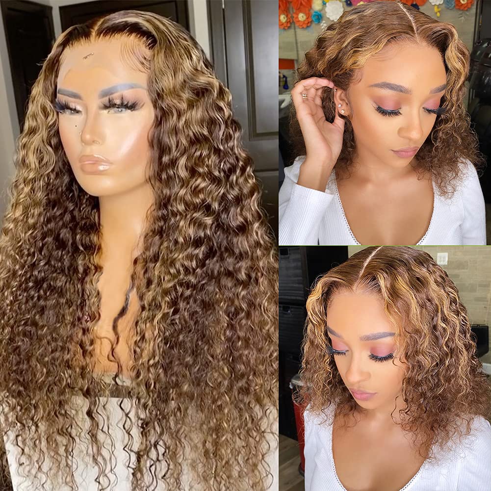 CYNOSURE 13x5 Curly Honey Blonde Ombre Highlight HD Lace Front Human Hair Wig for Women - Invisible Pre-Plucked 18 Inch - Perfect for Daily Wear, Parties & Special Occasions