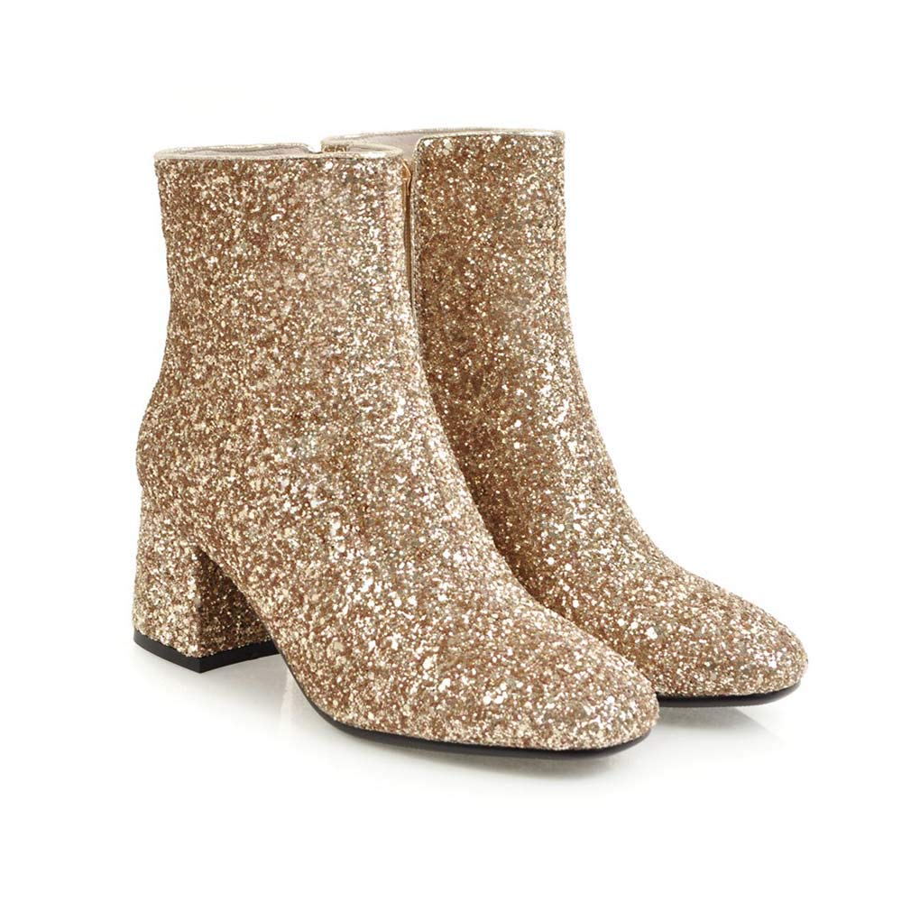 Elyffany Women's Mid Block Heel Glitter Ankle Boots - Ladies Zipper Party Prom Booties for Night Out, Club, Wedding & Special Occasions