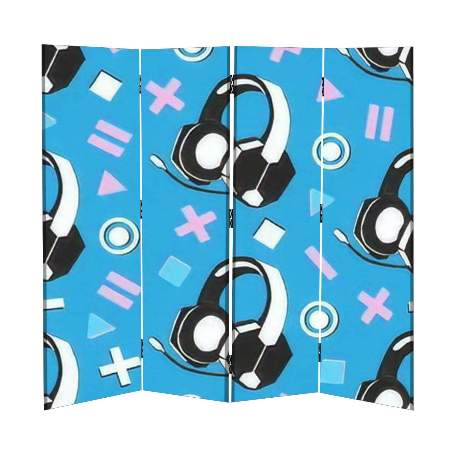4-Panel Canvas Room Divider Screen with Geometric Design - Foldable Privacy Partition for Home Office, Bedroom & Studio | Temporary Wall Divider with Headphone & Microphone Holder