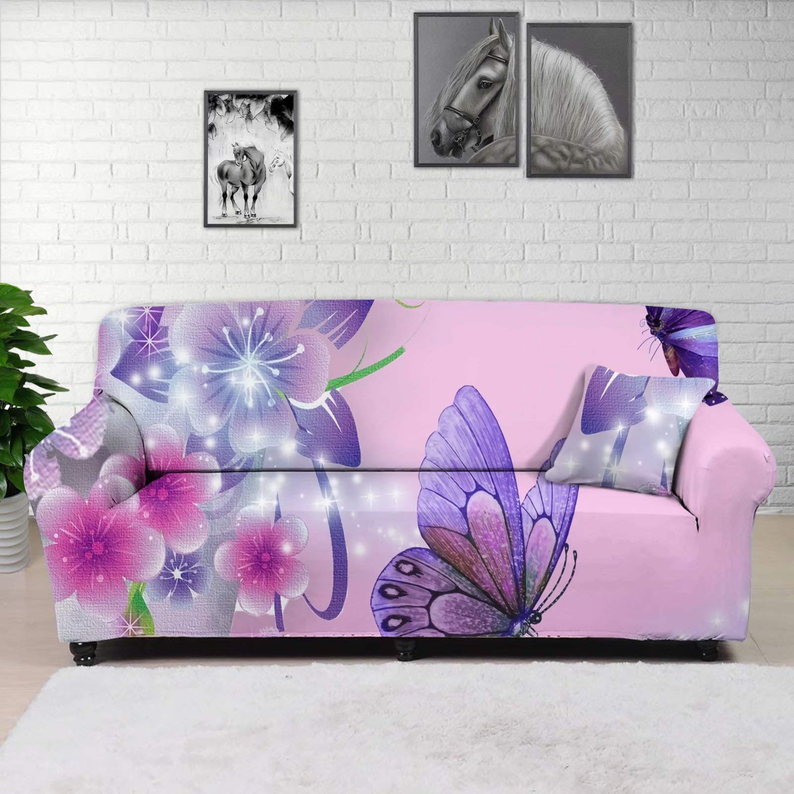 AFPANQZ Stretch Sofa Cover with Non-Slip Foam - Pink Butterfly Design for Loveseat, Armchair & 2-Seater Couch (Fits 55