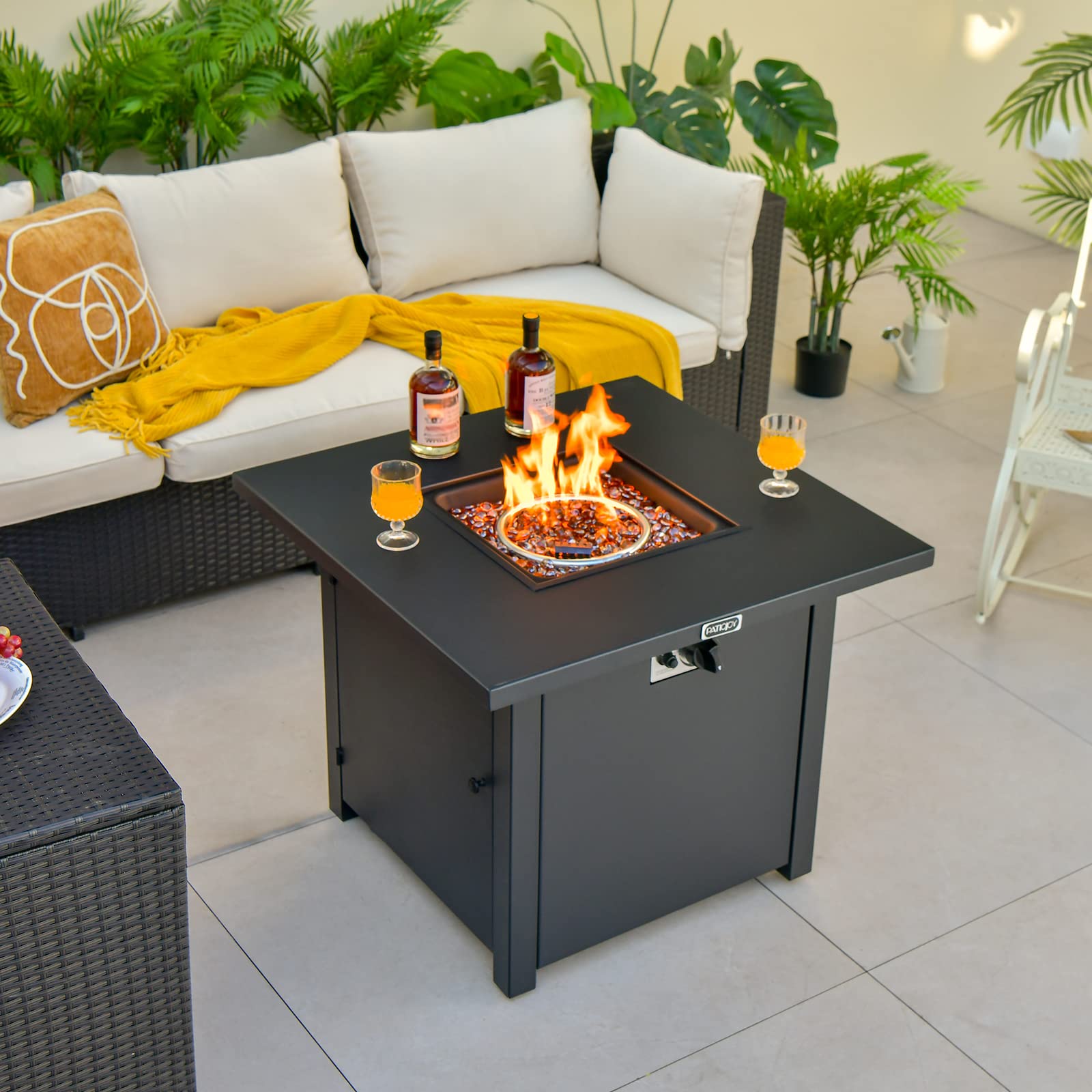 Tangkula 32 Inch Outdoor Propane Fire Pit Table - 50,000 BTU Square Patio Heater with Clear Glass Rocks & PVC Cover, Easy Ignition System - Perfect for Backyard, Poolside, Deck, and Garden Gatherings