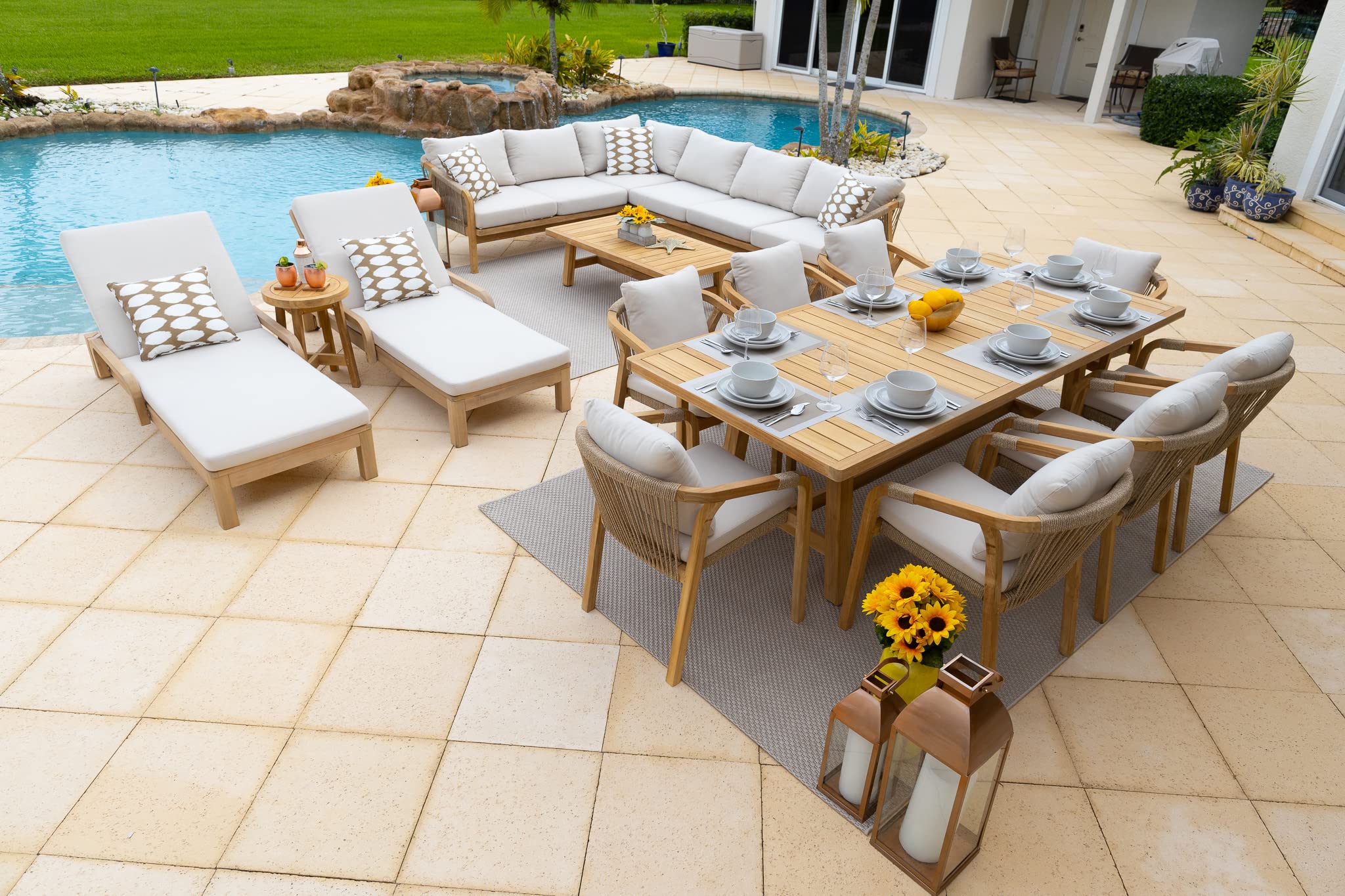 Premium 15-Piece Teak Wood Outdoor Patio Furniture Set - Sectional, Dining Table & Chaise Lounge Combo for Backyard, Poolside & Garden Relaxation