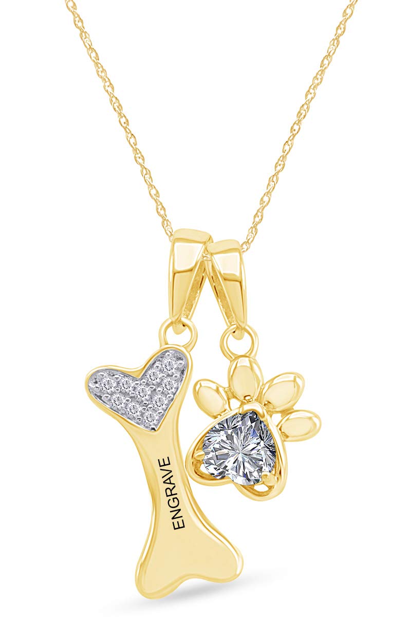 Personalized Engraved Simulated Birthstone & Diamond Accent Paw Print Dog Bone Charm Pendant Necklace - 14k Yellow Gold Over Sterling Silver - Perfect Gift for Pet Lovers & Dog Moms