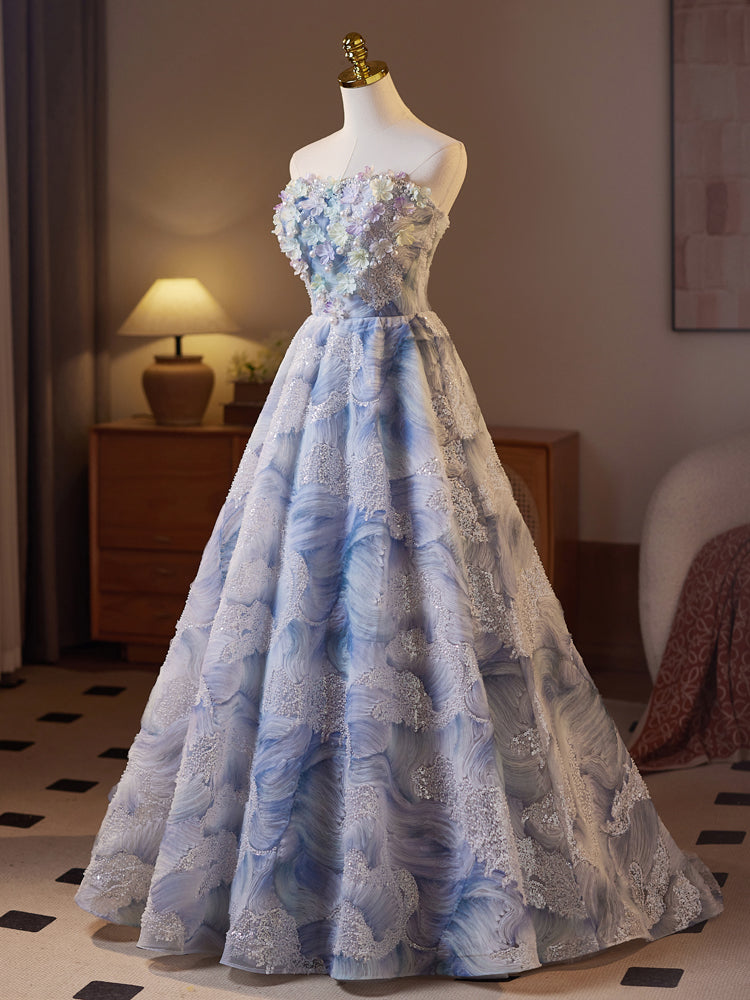 Elegant Blue A-Line Sweetheart Neckline Floral Long Prom Dress for Evening Gala, Homecoming, and Formal Events