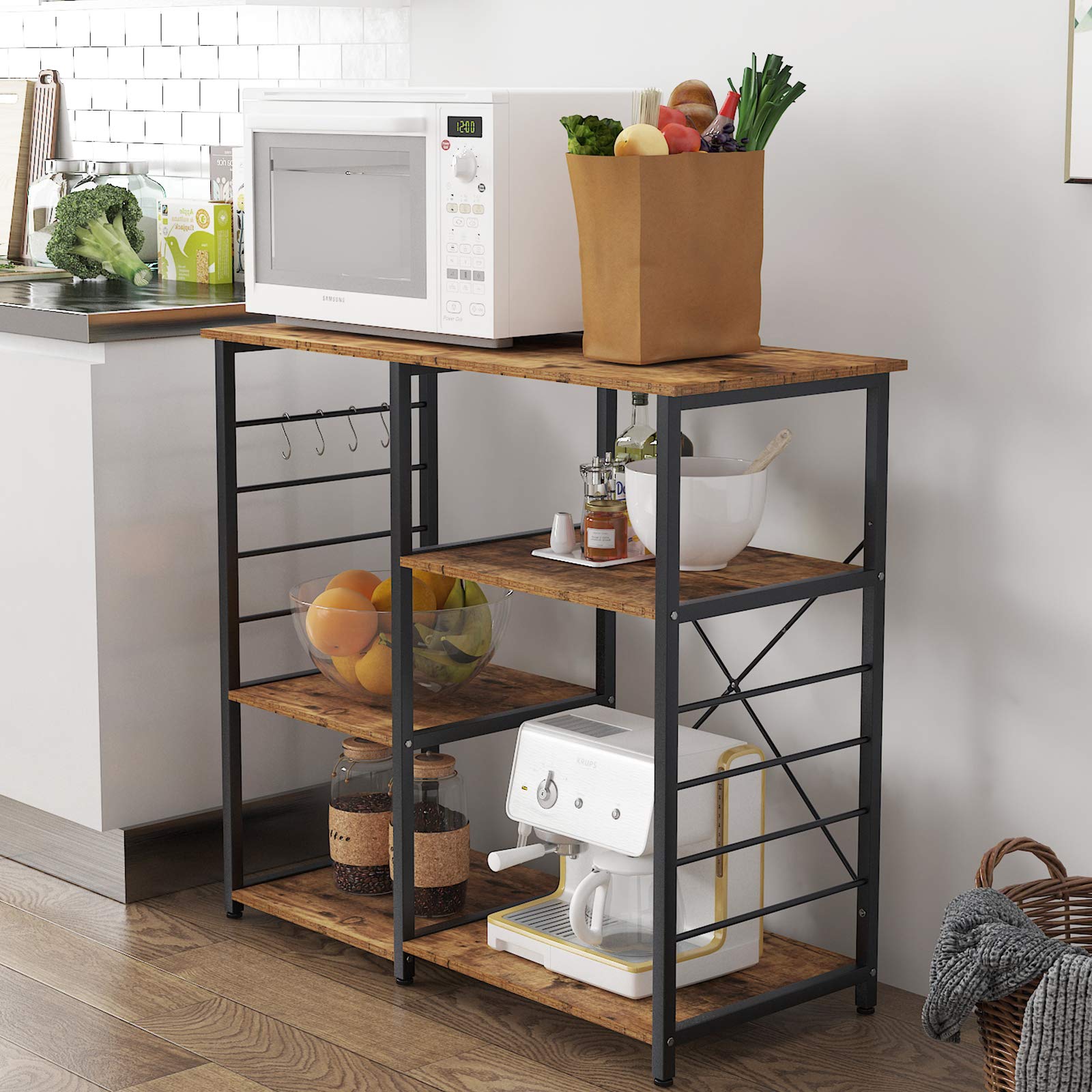 SogesGame Retro Kitchen Bakers Rack with Storage - Microwave Oven Stand, Utility Shelf, Coffee Station - Perfect for Home Kitchen Organization & Small Space Solutions