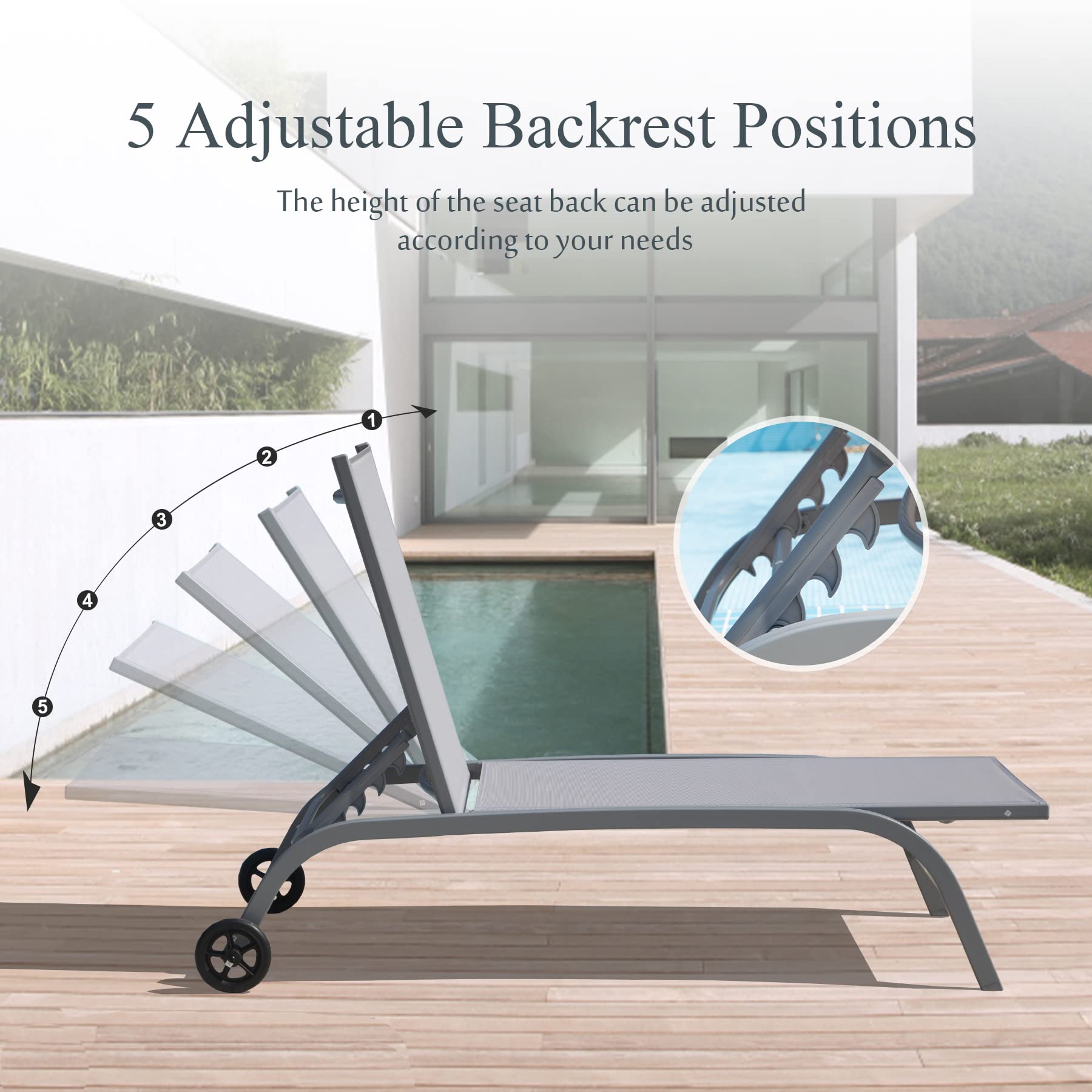 **Domi 3-Piece Outdoor Chaise Lounge Set with Wheels - Adjustable 5-Position Poolside Chairs for Patio, Beach, Yard & Deck - Grey - Perfect for Relaxing by the Pool, Sunbathing or Backyard Lounging**