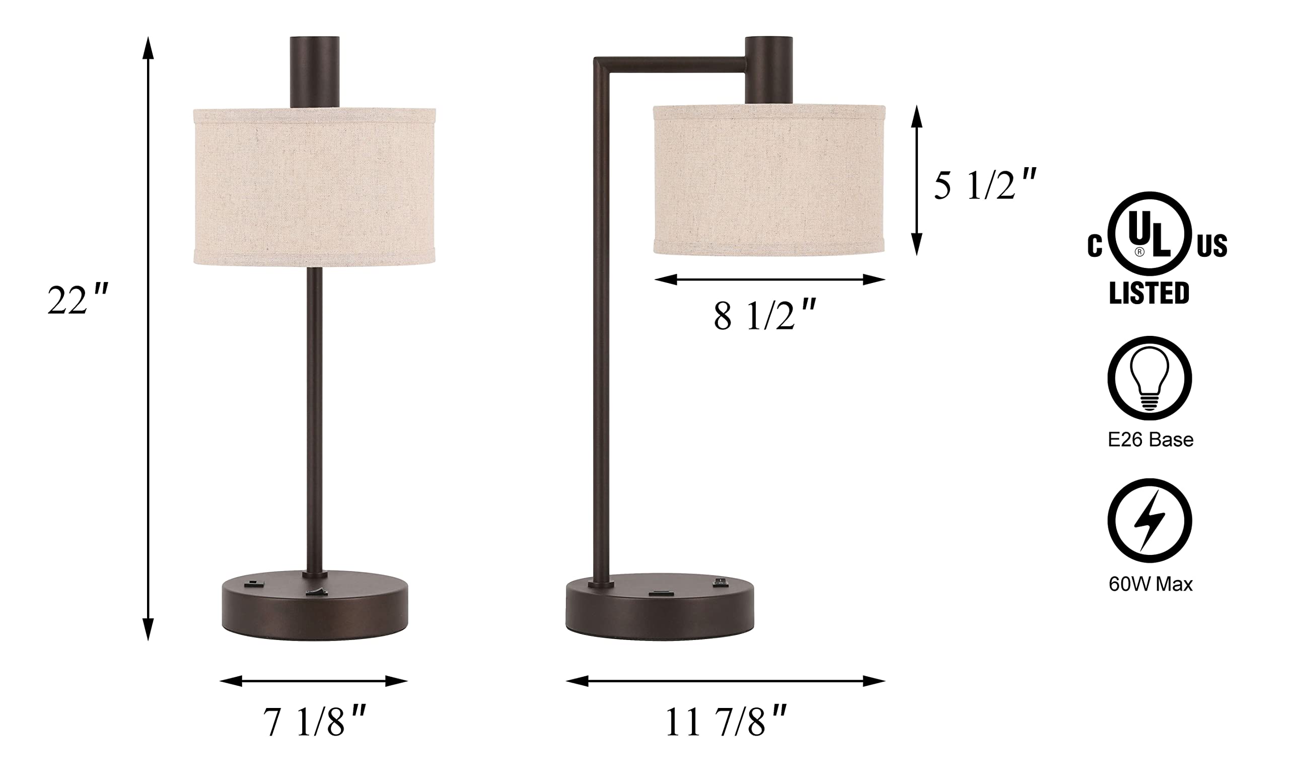 XiNBEi Modern USB Desk Lamp with Fabric Shade - Dark Bronze Finish, Adjustable Bedside Table Lamp for Bedroom, Living Room & Office (XB-TL1230-DB) | Perfect for Reading, Working & Nightstand Lighting