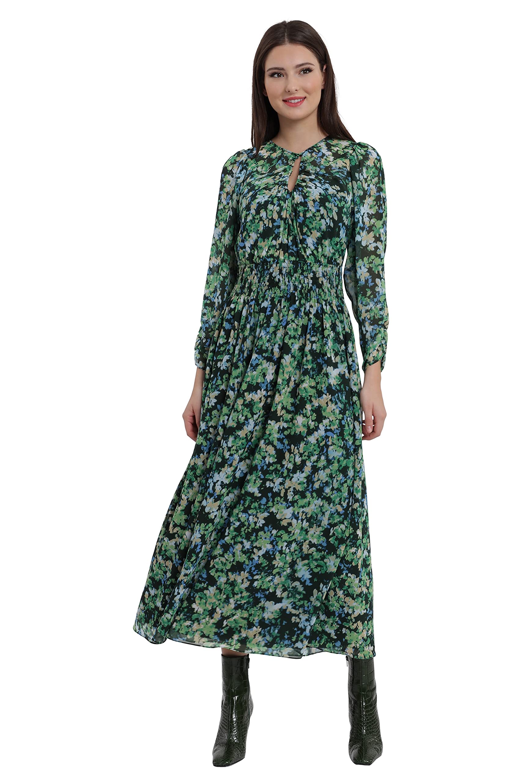 Maggy London Women's Front Keyhole Smocked Waist Midi Dress - Elegant Floral Print Summer Dress for Cocktail Parties, Weddings & Office Wear