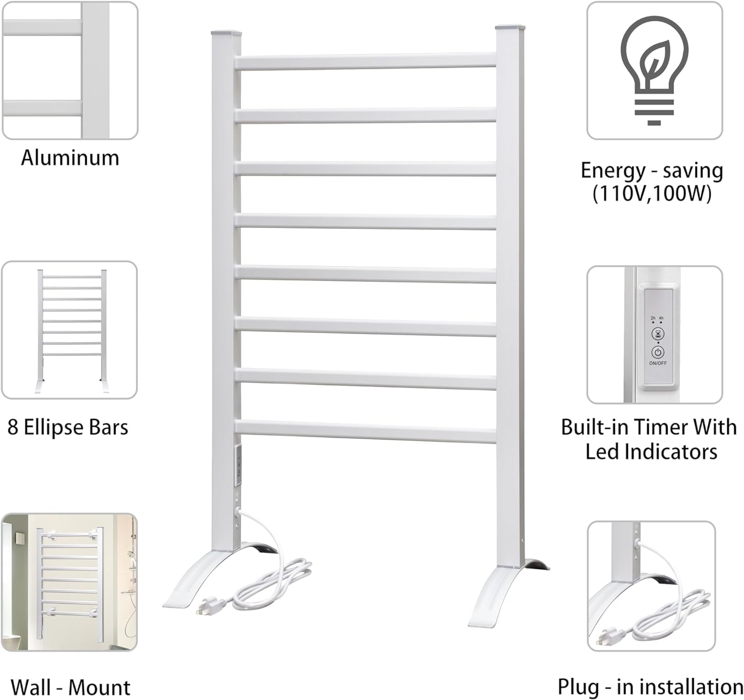 Premium 8-Bar KEG Towel Warmer - Freestanding/Wall Mount Bathroom Heater with Built-in Timer & Energy Saving Mode - Perfect for Spa, Luxury Bathrooms & Cold Weather Comfort (Silver)