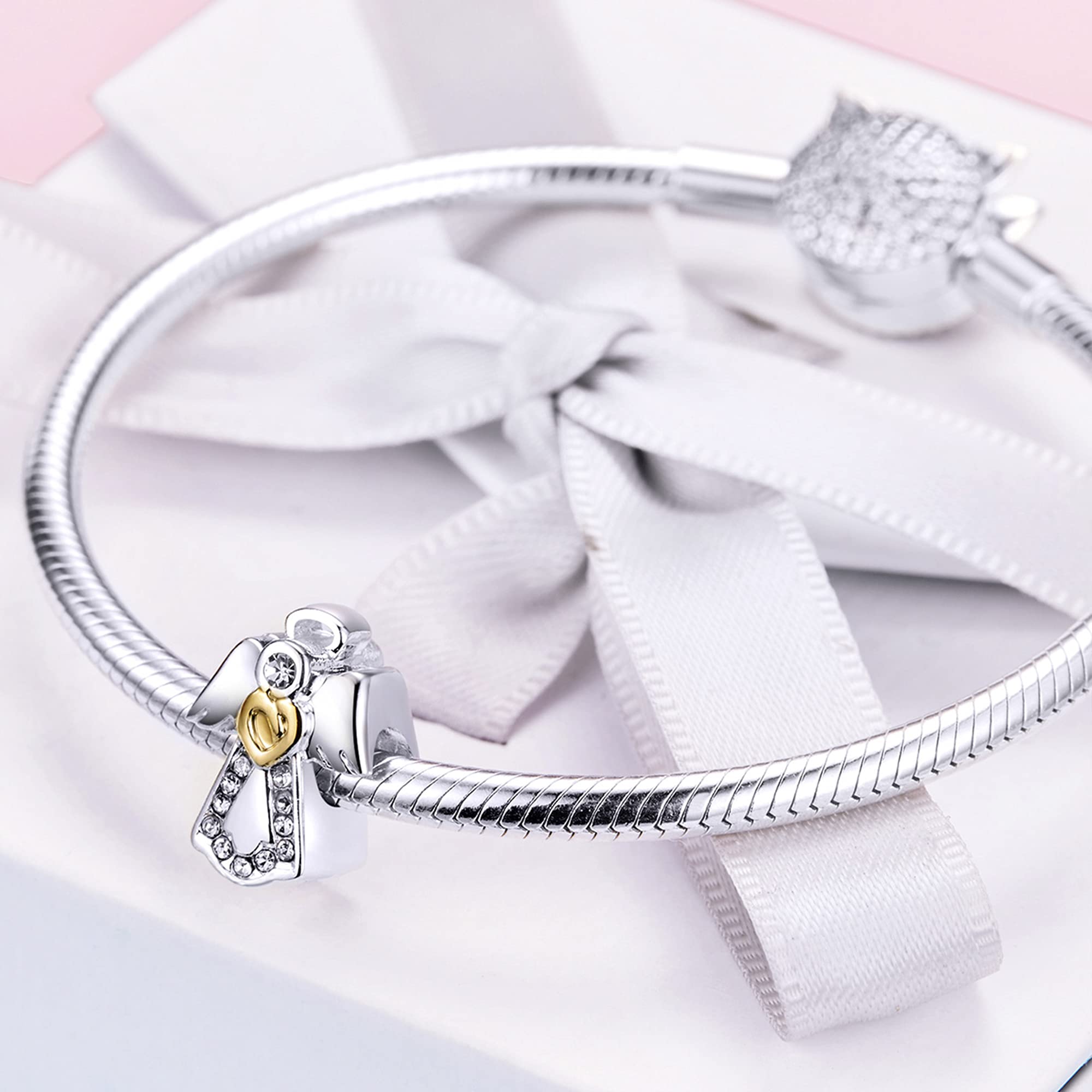 925 Sterling Silver Angel Love Heart & Four Leaf Clover Charms for Bracelet - Christmas, Mother's Day, Birthday Jewelry Gifts for Women - Perfect for DIY Jewelry Making, Friendship Bracelets & Special Occasion Gifts
