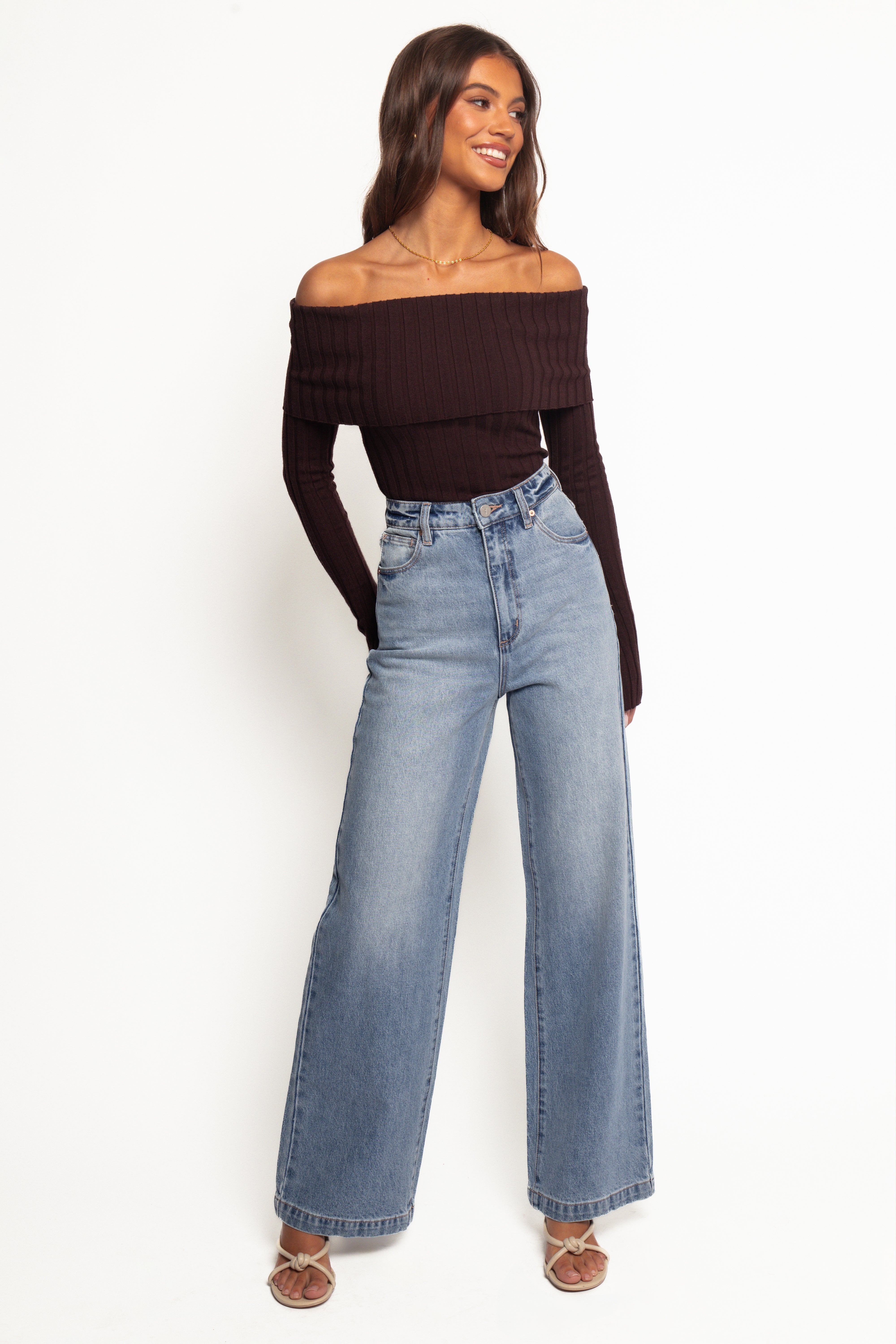 Inora Women's Off Shoulder Knit Top - Soft Stretchy Casual Long Sleeve Sweater - Chocolate Brown for Date Night & Fall Outfits