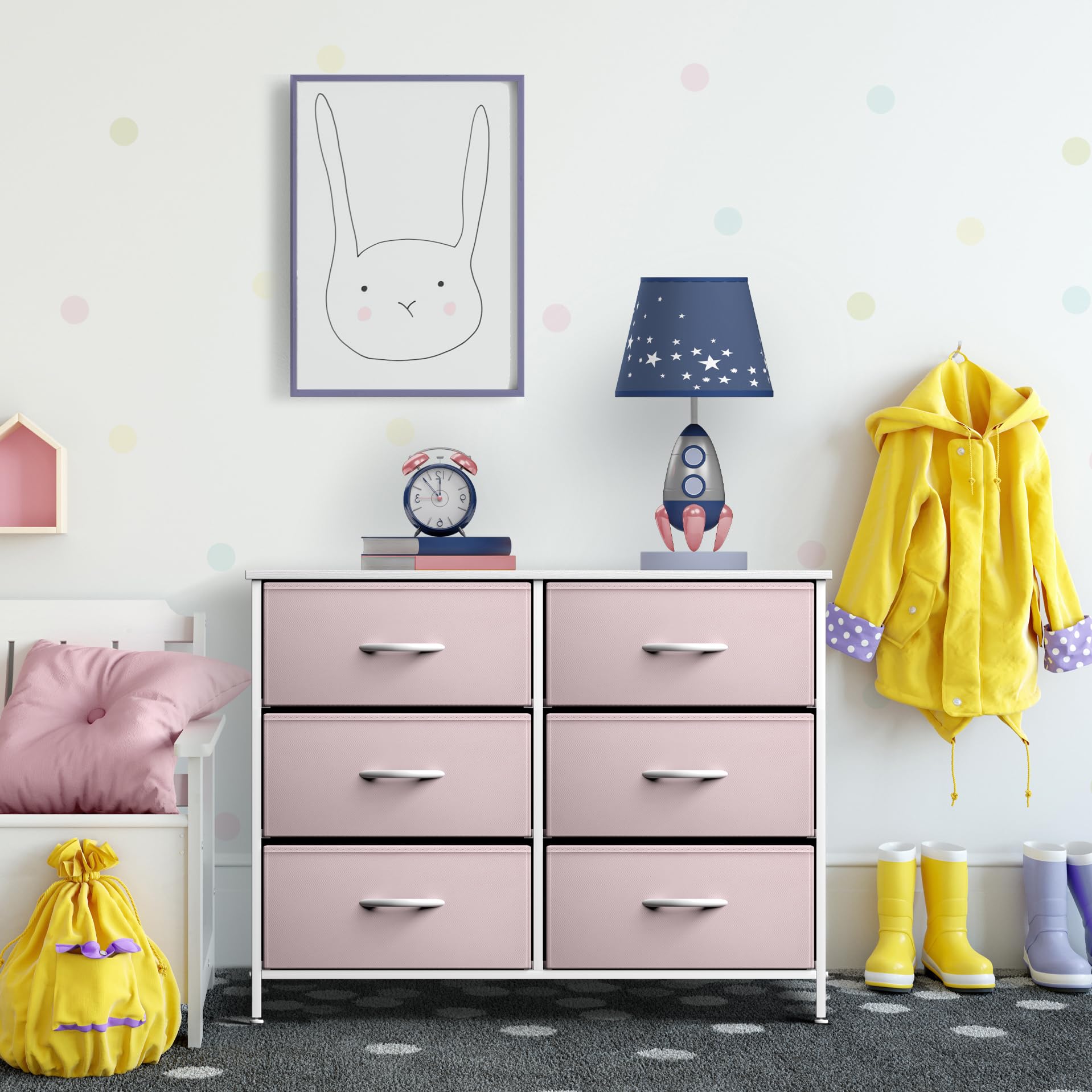 Sorbus 6-Drawer Dresser Storage Tower - Steel Frame & Wood Top Organizer with Easy Pull Fabric Bins for Bedroom, Hallway, Closet & Office - Pastel Pink (Perfect for Small Space Organization & Home Decor)