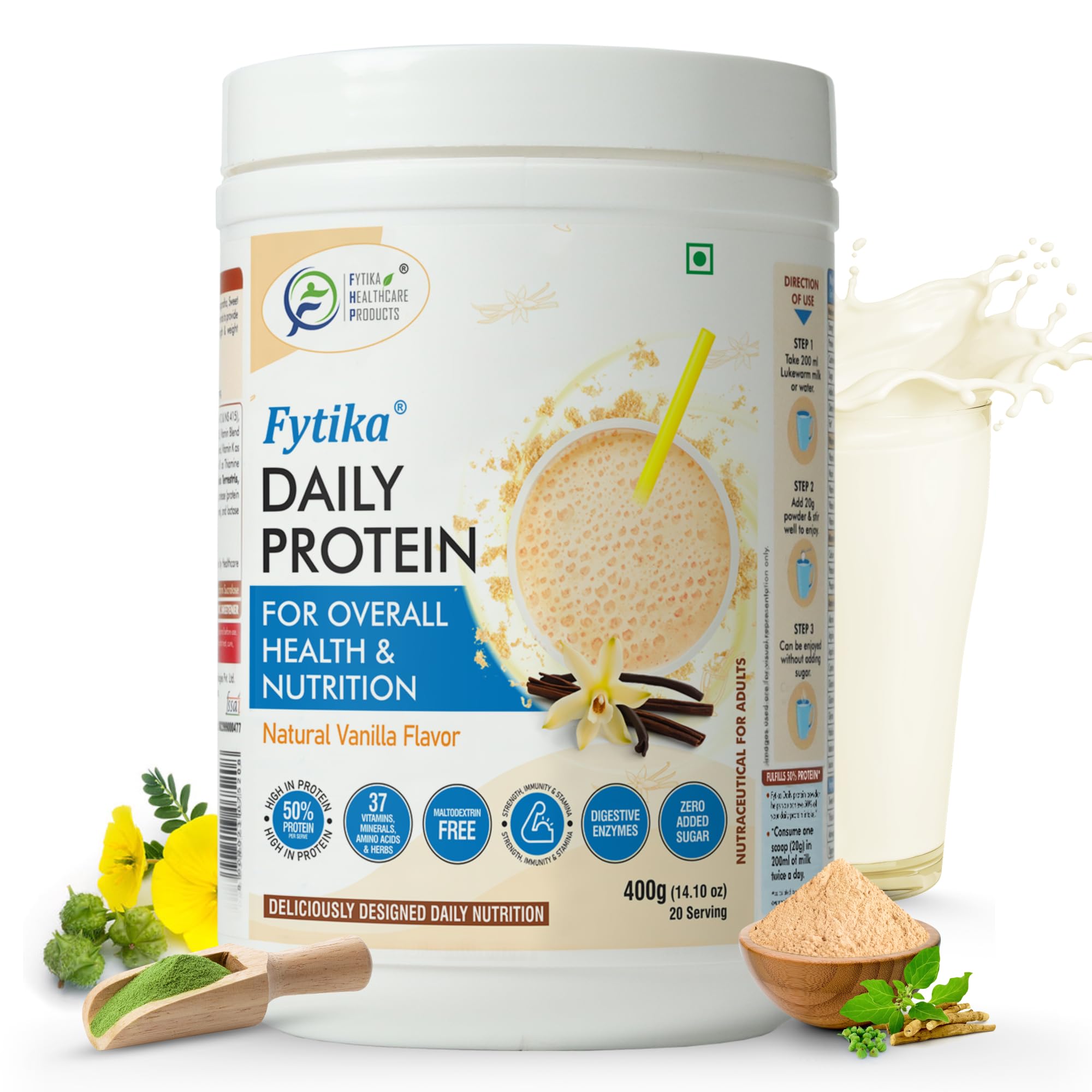 FYTIKA Daily Protein Powder for Adults - 37 Essential Vitamins & Minerals, 50% Protein Per Serving | High Protein Drink for Women & Men | Vanilla Flavor, 400g (Pack of 1) | Perfect for Post-Workout Recovery & Healthy Lifestyle