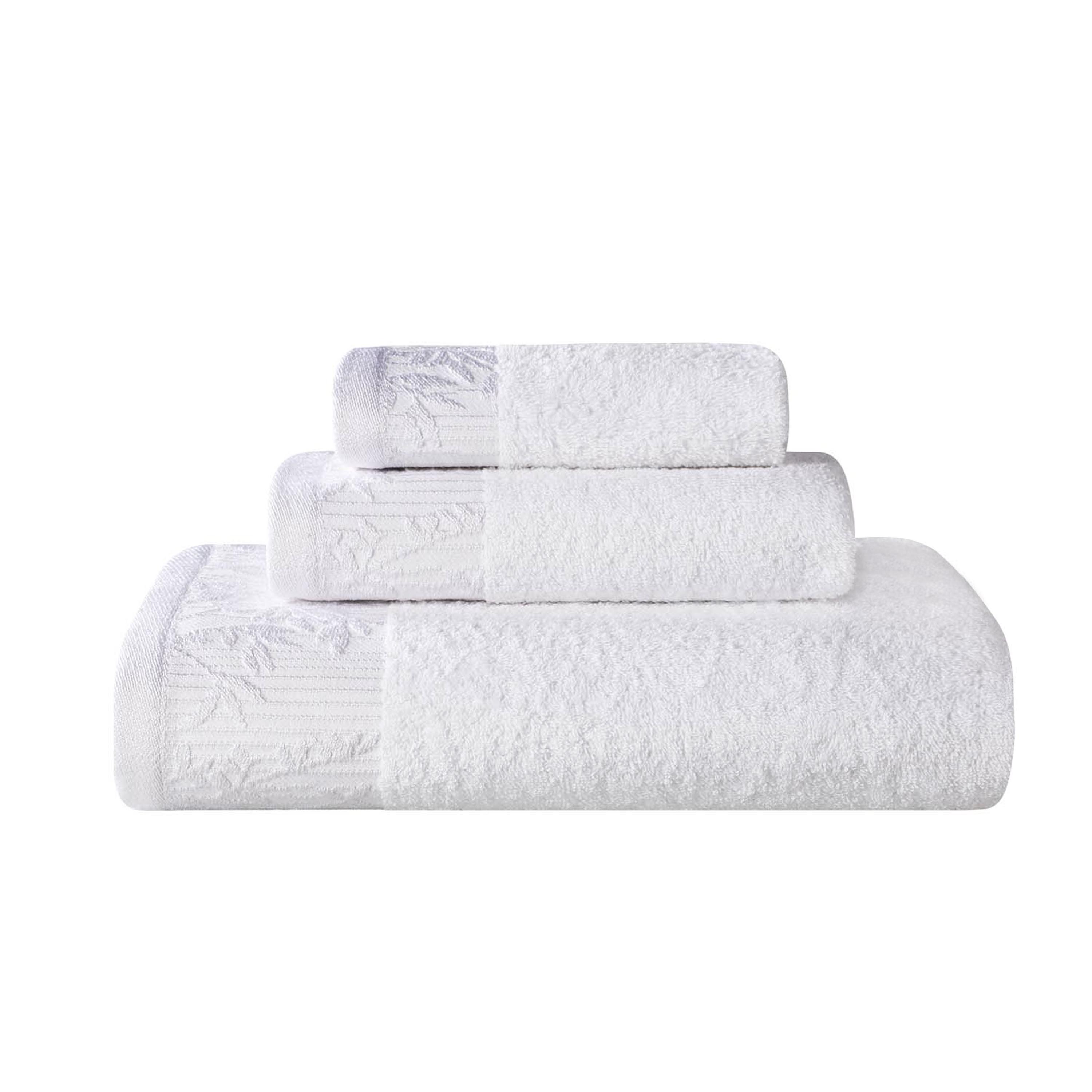 Wisteria Cotton Floral Embroidered Jacquard Border 3-Piece Bath Towel Set - Soft & Absorbent for Bathroom, Spa, and Guest Use