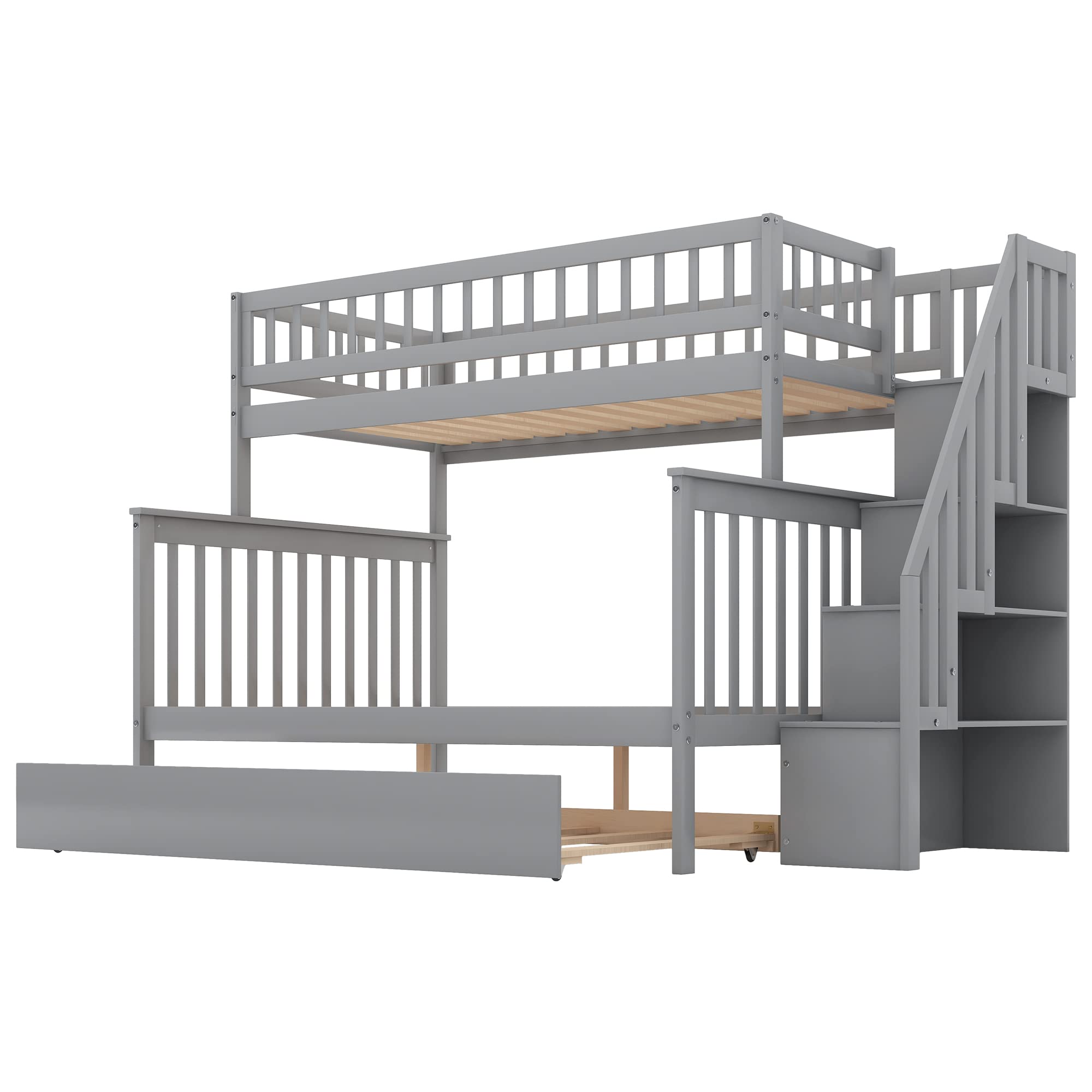 Harper & Bright Designs Twin Over Full Bunk Bed with Trundle, Stairs & Storage - Solid Wood Kids Bunk Bed with Full-Length Safety Rail - Space-Saving Solution for Small Bedrooms, Guest Rooms & Vacation Homes (Gray)