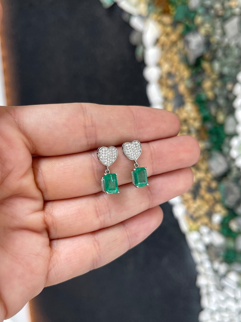 3.20tcw 14K Gold Natural Rich Medium Green Emerald & Diamond Heart Cluster Dangle Earrings for Women - Elegant Wedding, Party & Evening Wear Jewelry Gift