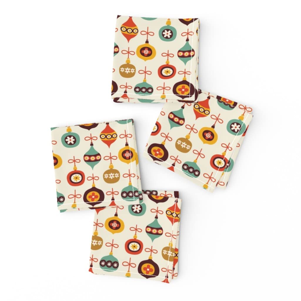 Premium Linen Cotton Canvas Cocktail Napkins Set of 4 - Christmas Tree Ornaments Holiday Design with Vintage Retro Print | Perfect for Holiday Parties, Dinner Table Decor & Gift Giving