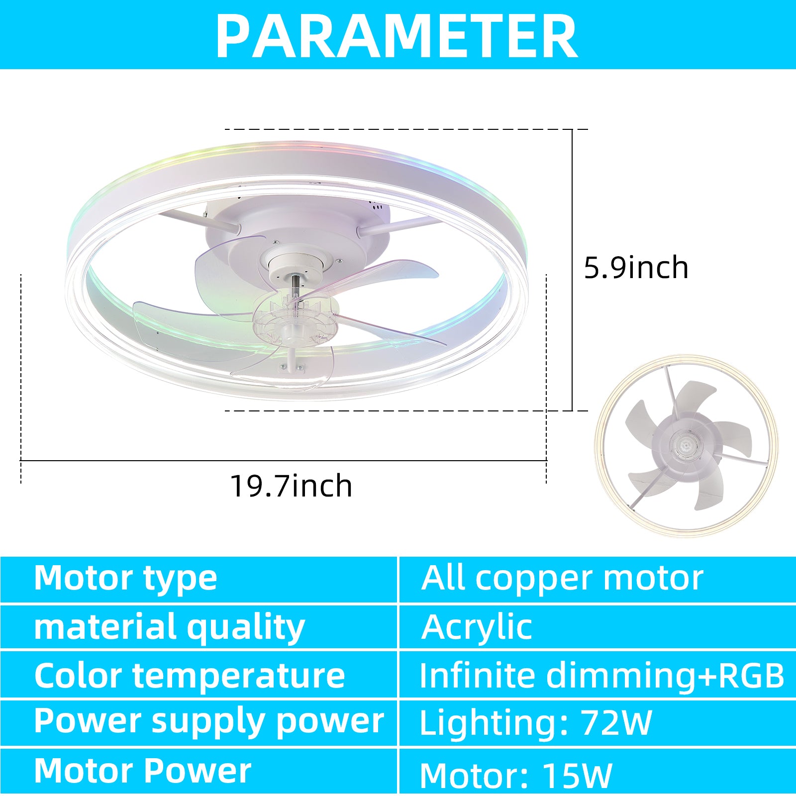 19.7 Inch RGB LED Ceiling Fan with Light - 3 Color Temperatures, 6 Speed Adjustable, Reversible Motor - Perfect for Bedroom, Living Room & Home Office
