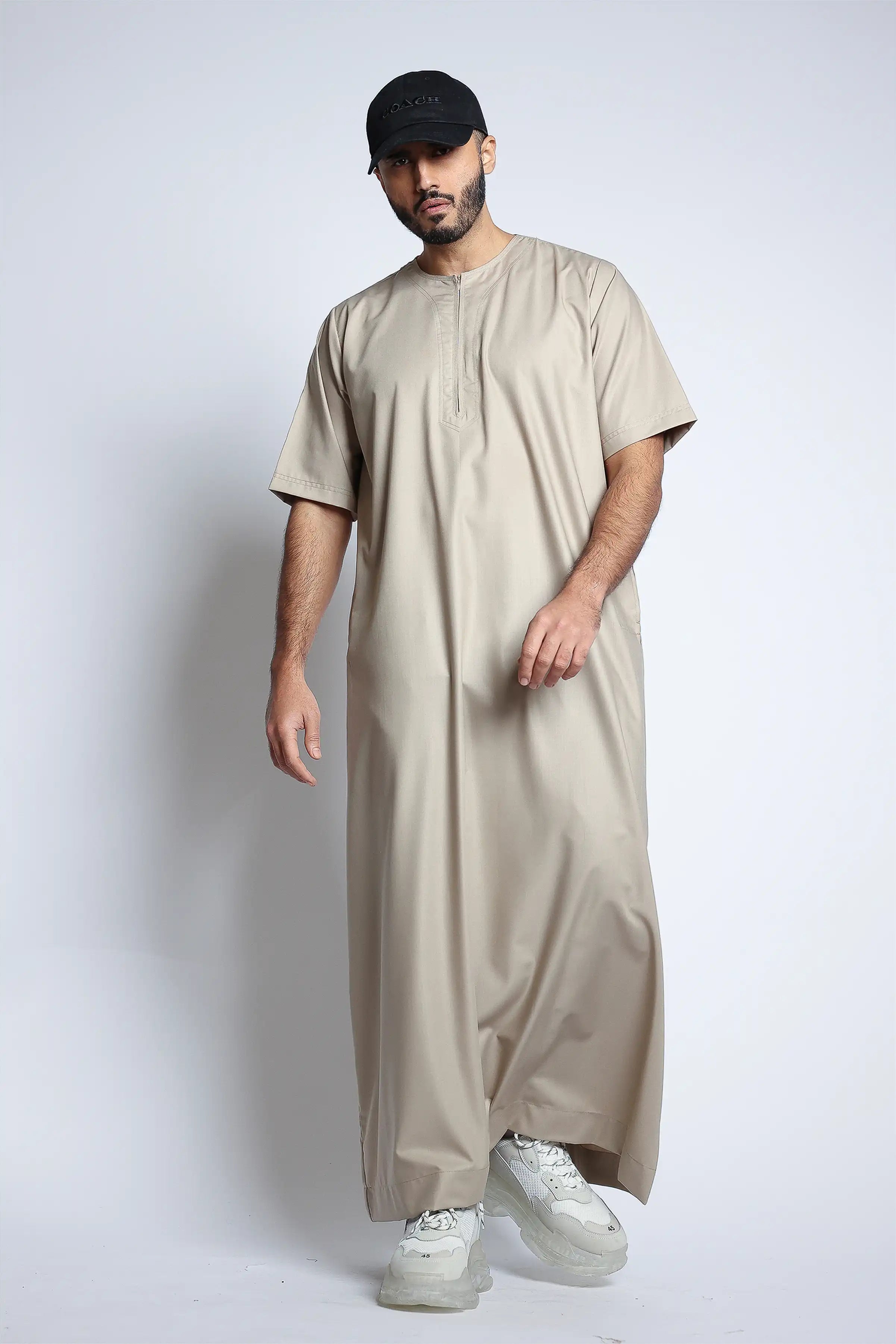 J152 Dust Storm Half Sleeve Thobe for Men - Lightweight Islamic Robe with Breathable Fabric - Perfect for Prayer, Eid, and Casual Wear