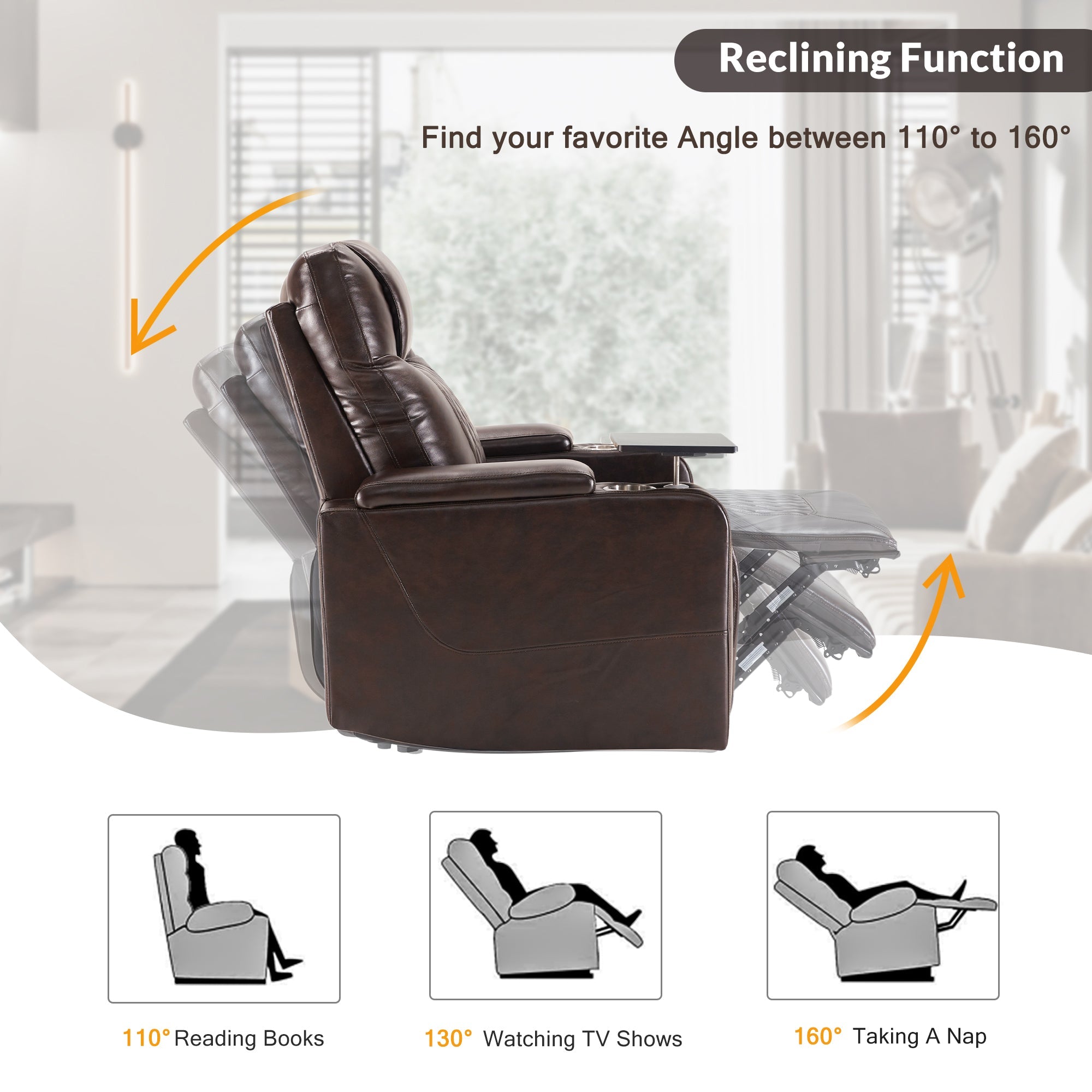 Electric Power Lift Recliner Chair with USB Charging Port, Hidden Arm Storage & 360° Swivel Tray - Brown Leather Massage Chair for Living Room, Home Theater & Elderly Care