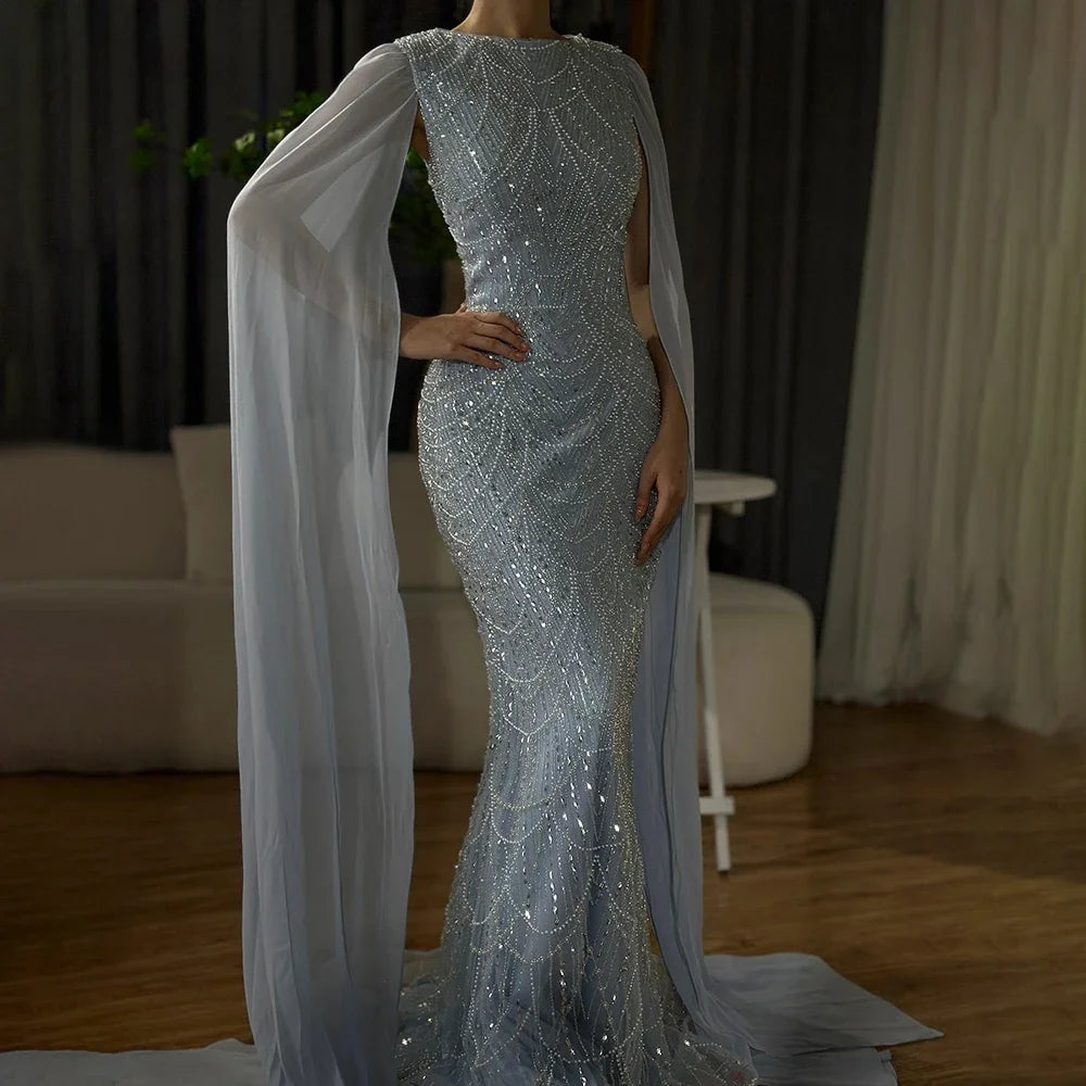 Luxury Dubai Saudi Arabia Blue Mermaid Cape Sleeve Beaded Evening Gown LA72160A - Elegant Formal Dress for Prom, Gala & Red Carpet Events