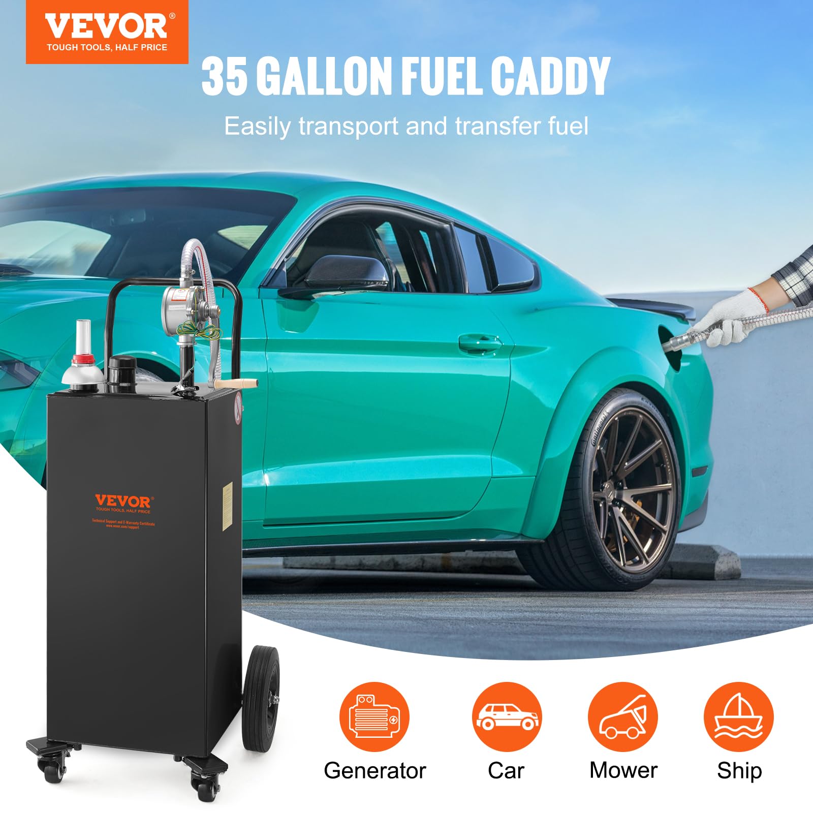 VEVOR 35 Gallon Portable Gas Caddy with Manual Pump - 4-Wheel Fuel Storage Tank for Gasoline & Diesel - Heavy Duty Transport Container for Cars, Lawn Mowers, ATVs, Boats & More - Ideal for Home, Farm & Marine Use