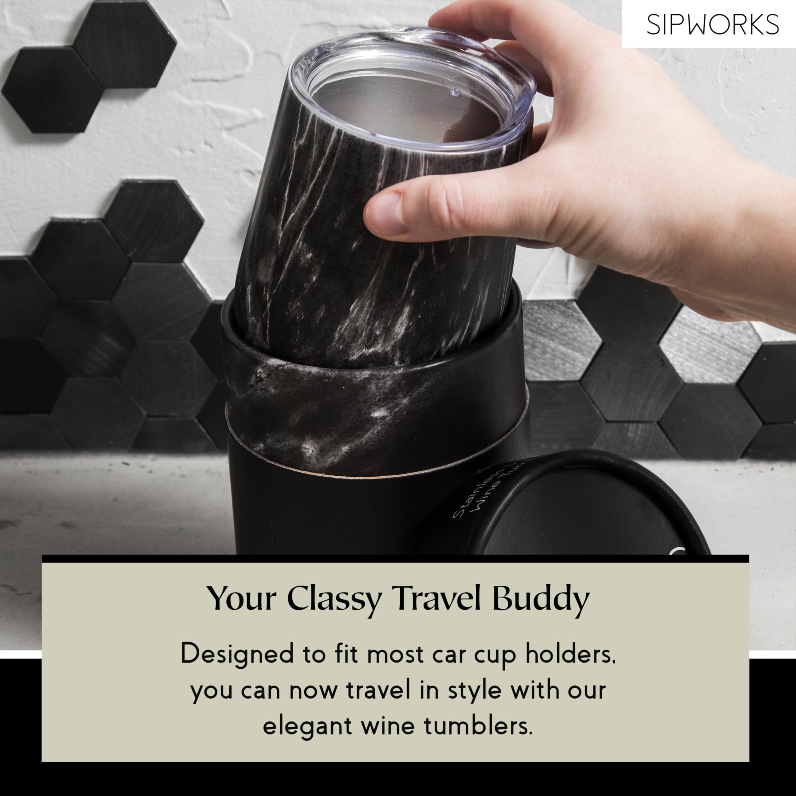 Stainless Steel Wine Tumbler with Lid - 12 oz Vacuum Insulated Travel Cup, Double Walled & Leakproof - Shatterproof Gray Marble Design for Wine Lovers - Perfect for Outdoor Picnics, Camping & Commuting