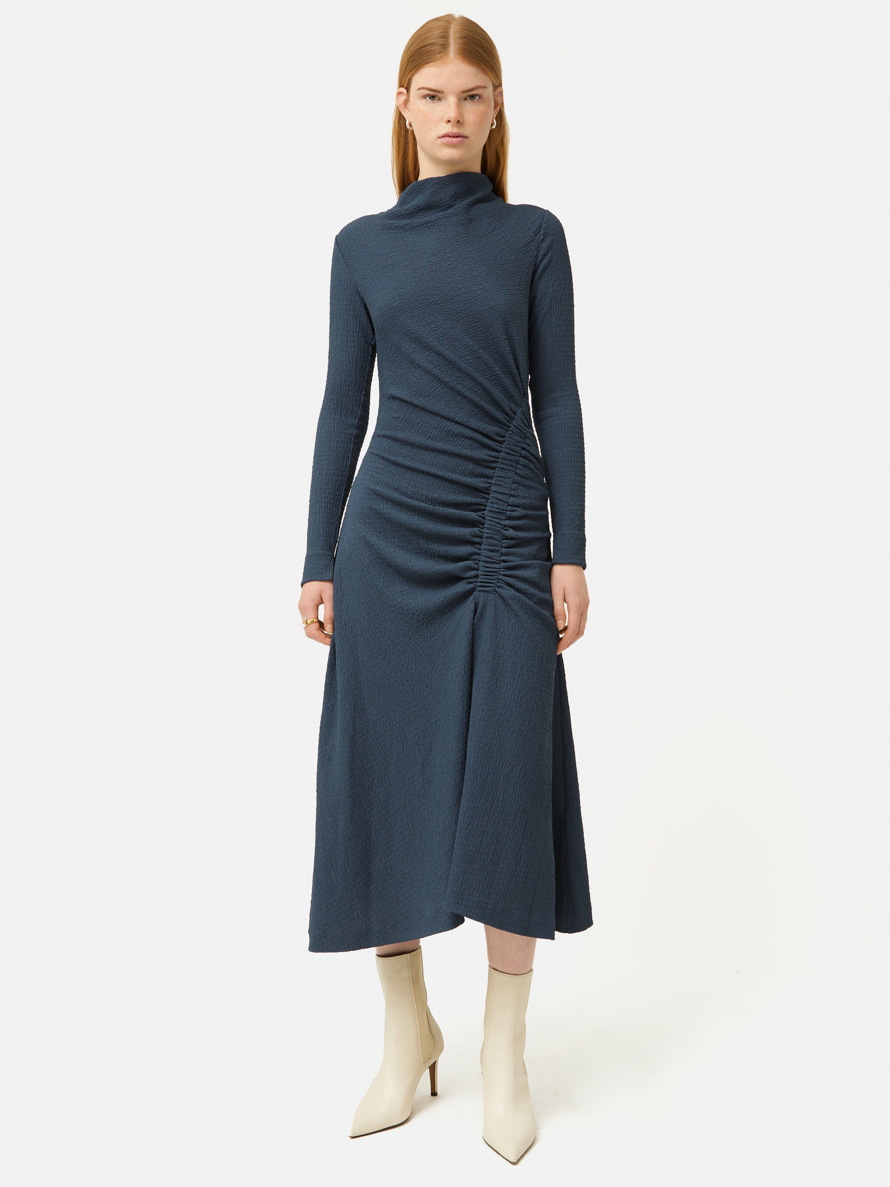 Crinkle Ruched Jersey Dress for Women - Soft Stretch Comfortable Blue Summer Dress for Casual Outings, Beach Vacations & Date Nights