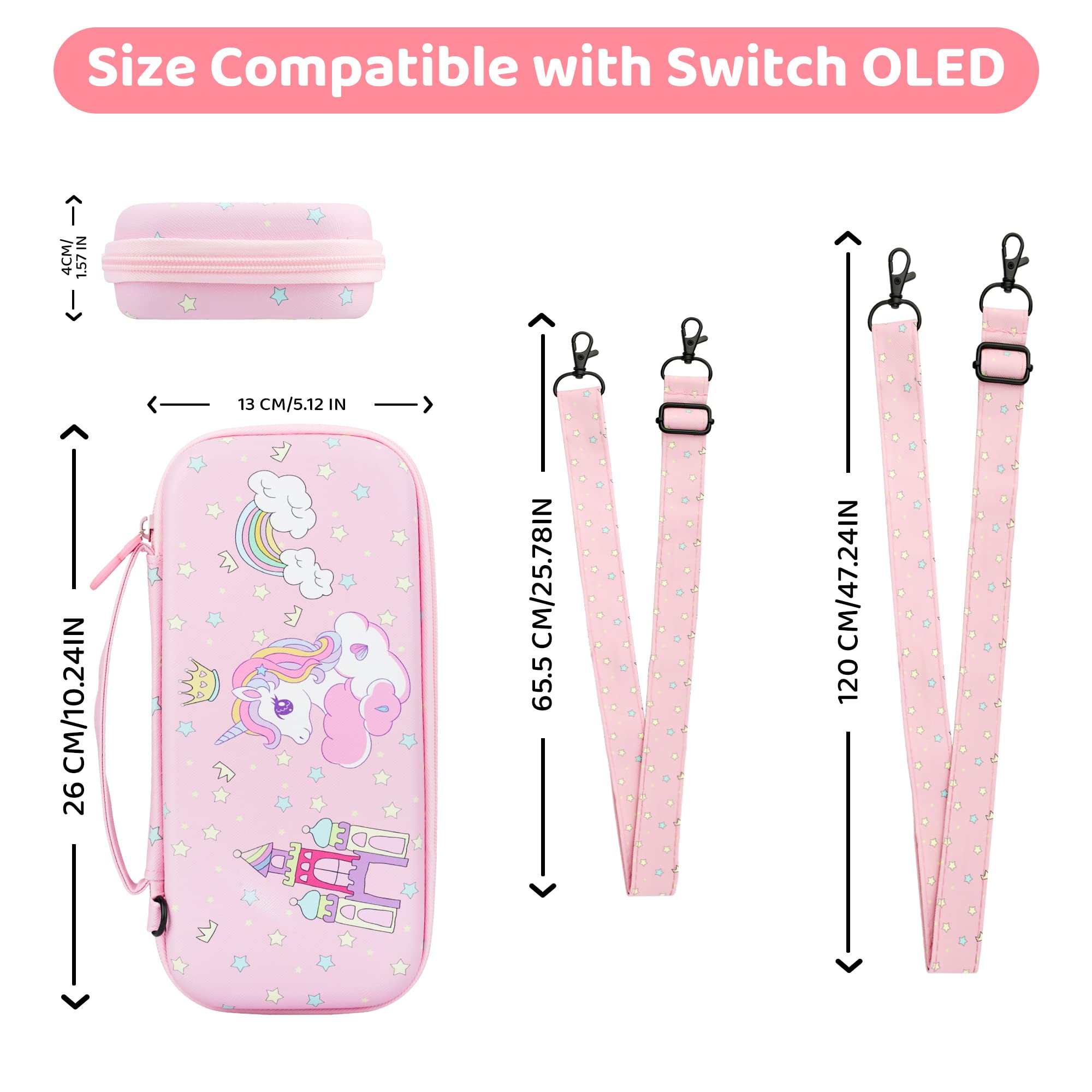 **Pink Unicorn Nintendo Switch OLED Travel Carrying Case - Slim Portable Storage Bag with Soft TPU Cover, Shoulder Strap, Screen Protector & 2 Thumb Caps - Perfect for Gaming On-The-Go & Travel Accessories**