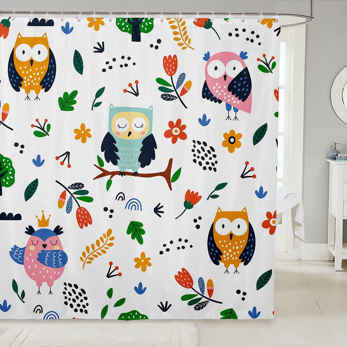 Cartoon Owls Design Shower Curtain Set - 72x72 Inch Floral Botanical Bathroom Decor for Kids & Adults - Waterproof Bathtub Curtain with Hooks - Perfect for Nursery, Kids Room, and Bathroom Decor
