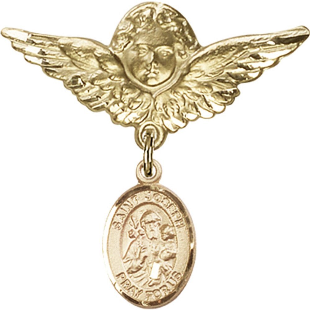 St. Joseph Gold Filled Baby Badge Pin with Angel Wing Charm - 1 1/8 x 1 1/8 Inch Religious Jewelry for Baptism, Christening & First Communion Gifts