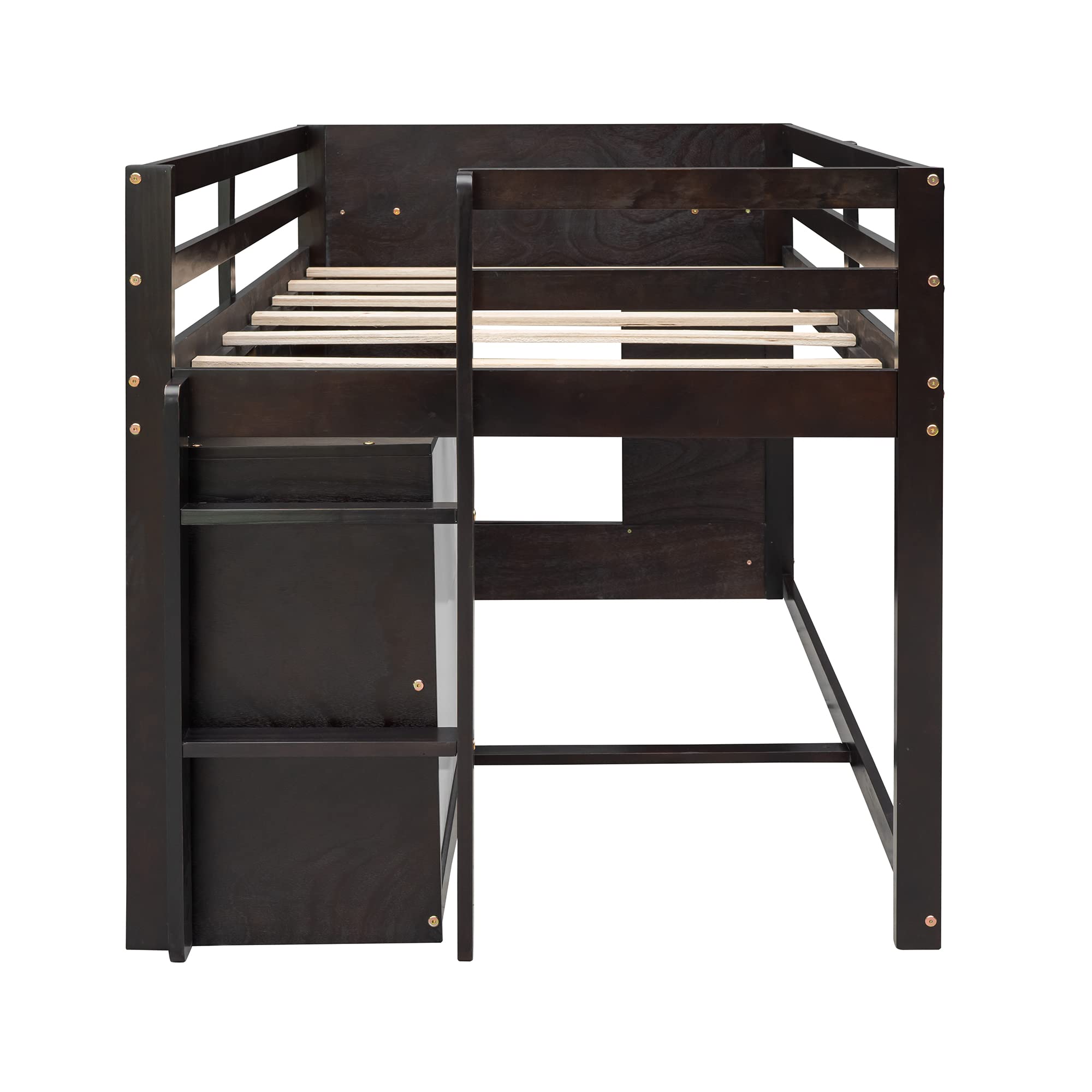 Bellemave Low Loft Bed with 3 Drawers & Cabinet - Twin Size Wooden Farmhouse Style Loft Bed Frame with Bedside Tray for Kids, Teens, Boys & Girls (Espresso) - Perfect for Small Bedrooms, Dorm Rooms & Space-Saving Kids' Rooms