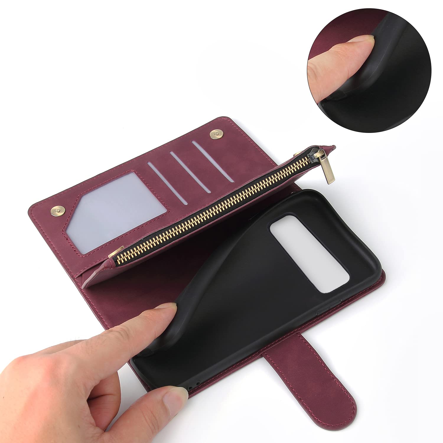 Google Pixel 6A Magnetic Leather Wallet Case - Flip Cover with 6 Card Slots, Hand Strap & Zipper Pocket | Shockproof Stand Case for Women & Men | Perfect for Work, Travel & Daily Use (Red)